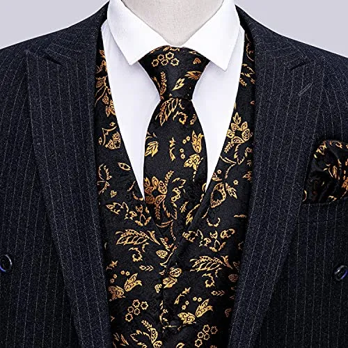 Barry.Wang Mens Blue Vest Paisley Flower Formal/Leisure Silk Waistcoat Tie Set 5PCS Wedding Tuxedo