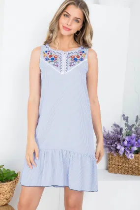 BLUE WHITE PINSTRIPES EMBROIDERED FLORAL FRONT DETAIL DRESS (NOW $2.50 ONLY!)