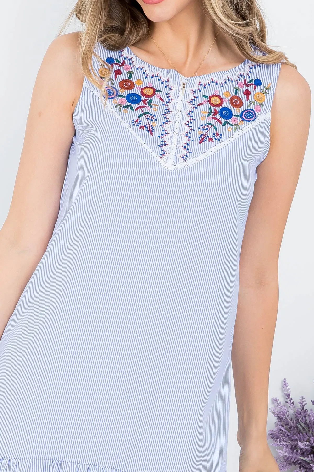 BLUE WHITE PINSTRIPES EMBROIDERED FLORAL FRONT DETAIL DRESS (NOW $2.50 ONLY!)
