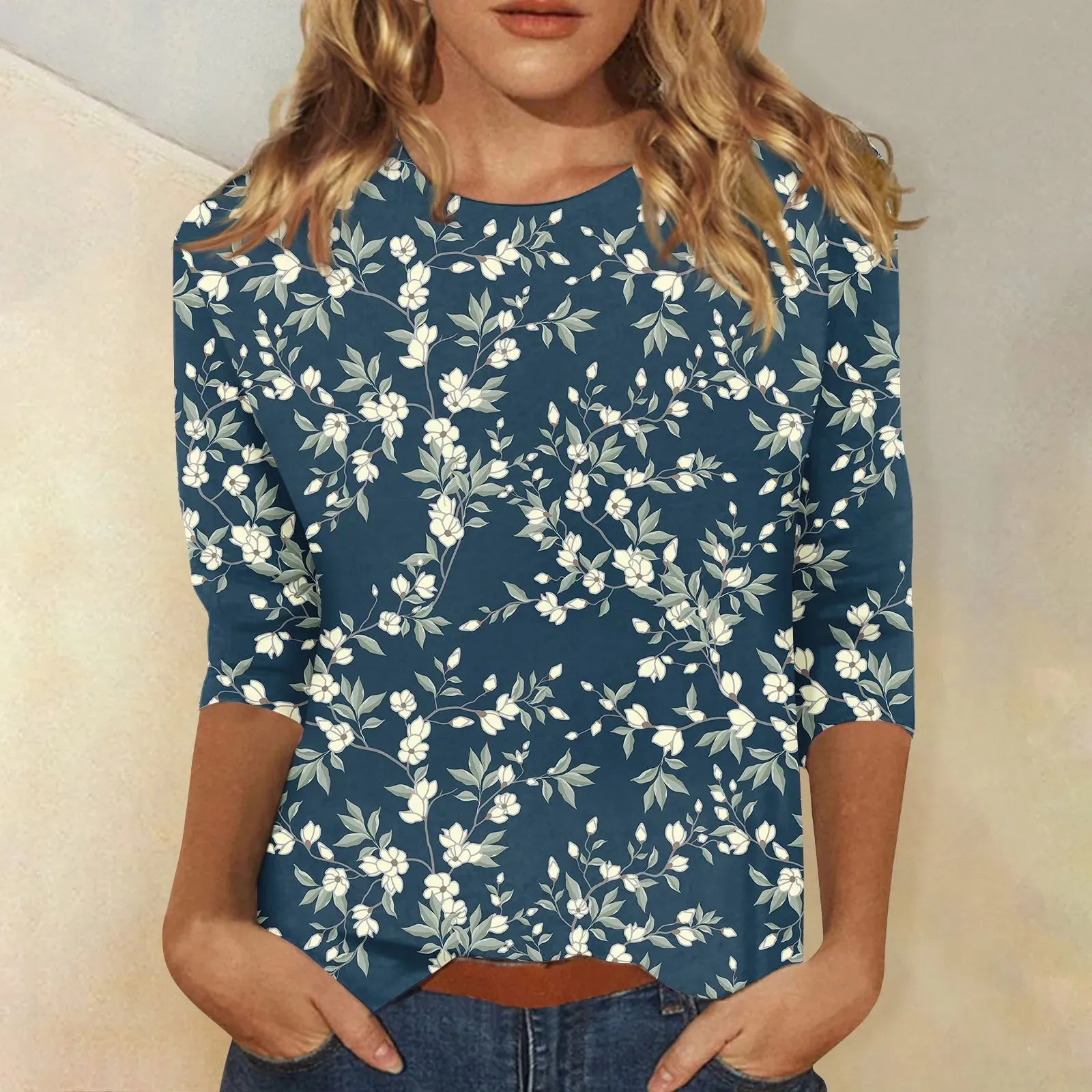 Casual 3/4 Sleeve Floral Print Galore Pullover Top