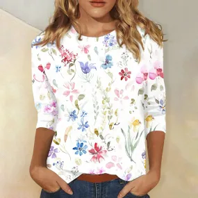Casual 3/4 Sleeve Floral Print Galore Pullover Top