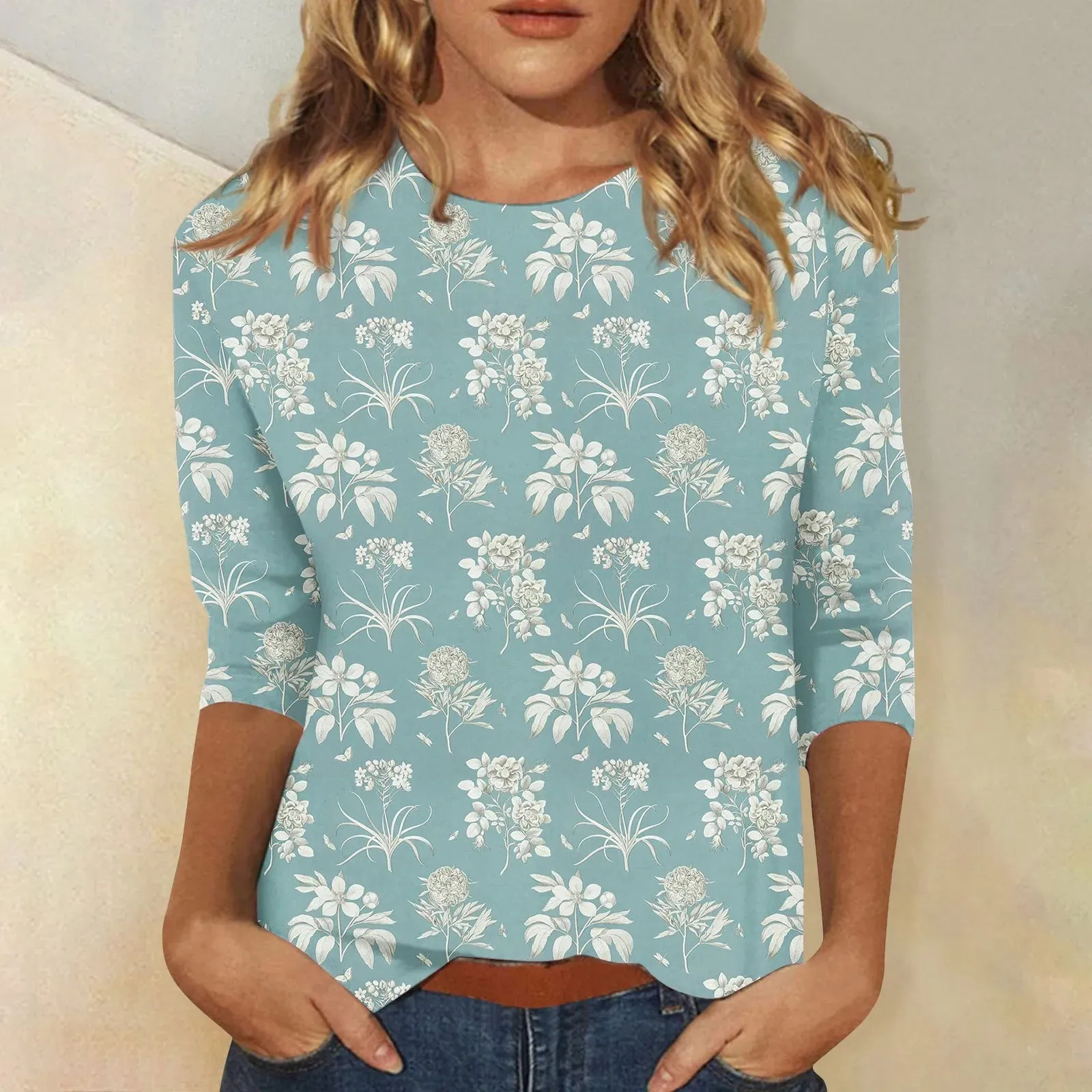 Casual 3/4 Sleeve Floral Print Galore Pullover Top