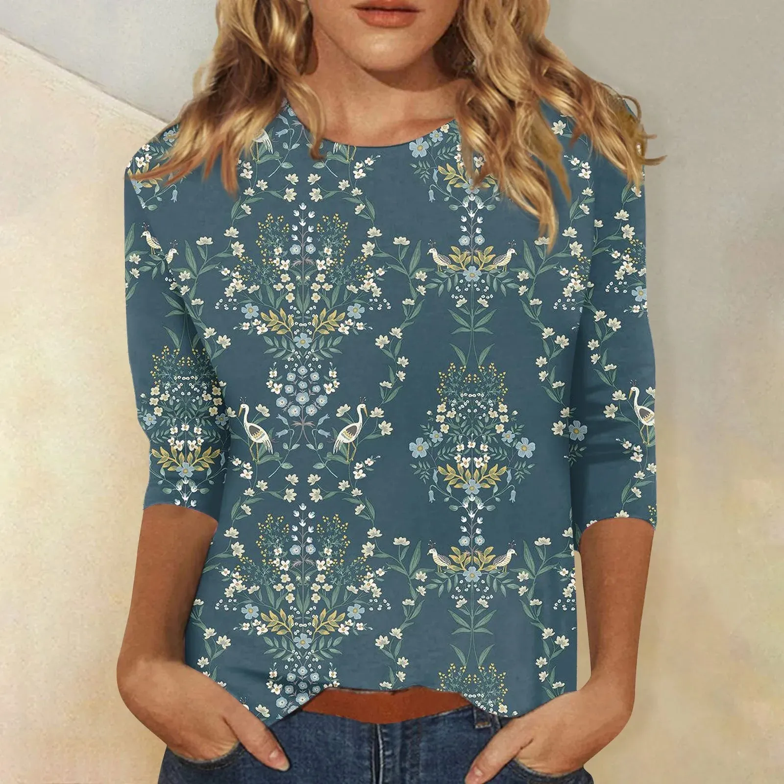 Casual 3/4 Sleeve Floral Print Galore Pullover Top