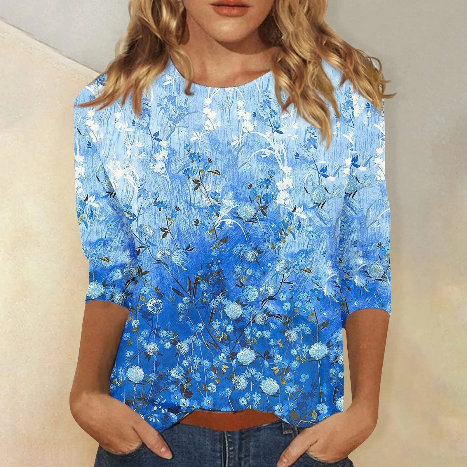 Casual 3/4 Sleeve Floral Print Galore Pullover Top
