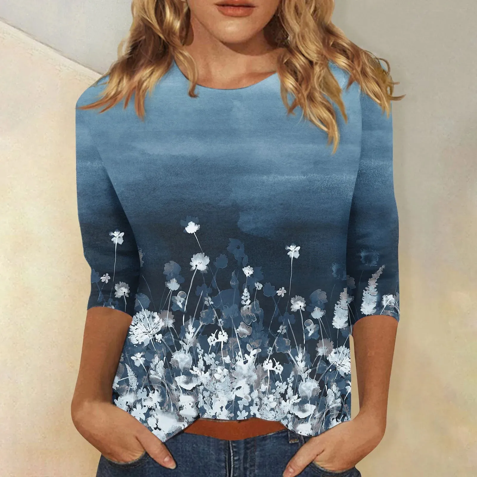 Casual 3/4 Sleeve Floral Print Galore Pullover Top