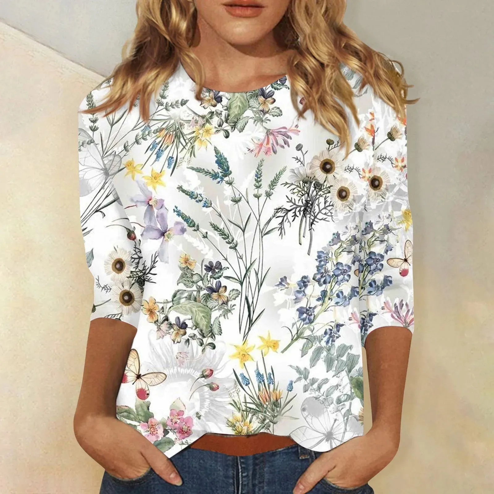 Casual 3/4 Sleeve Floral Print Galore Pullover Top