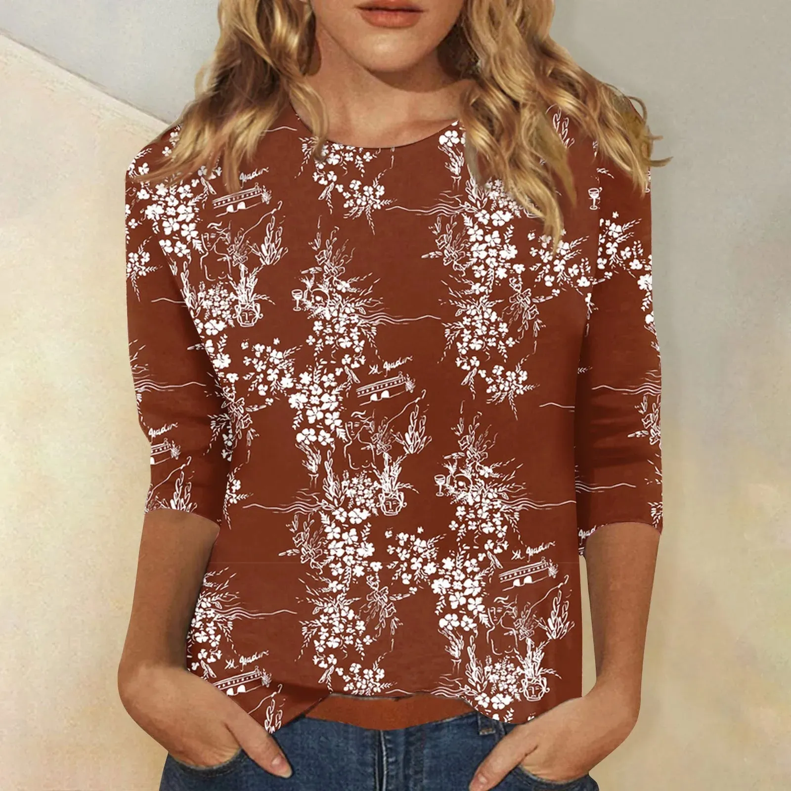 Casual 3/4 Sleeve Floral Print Galore Pullover Top