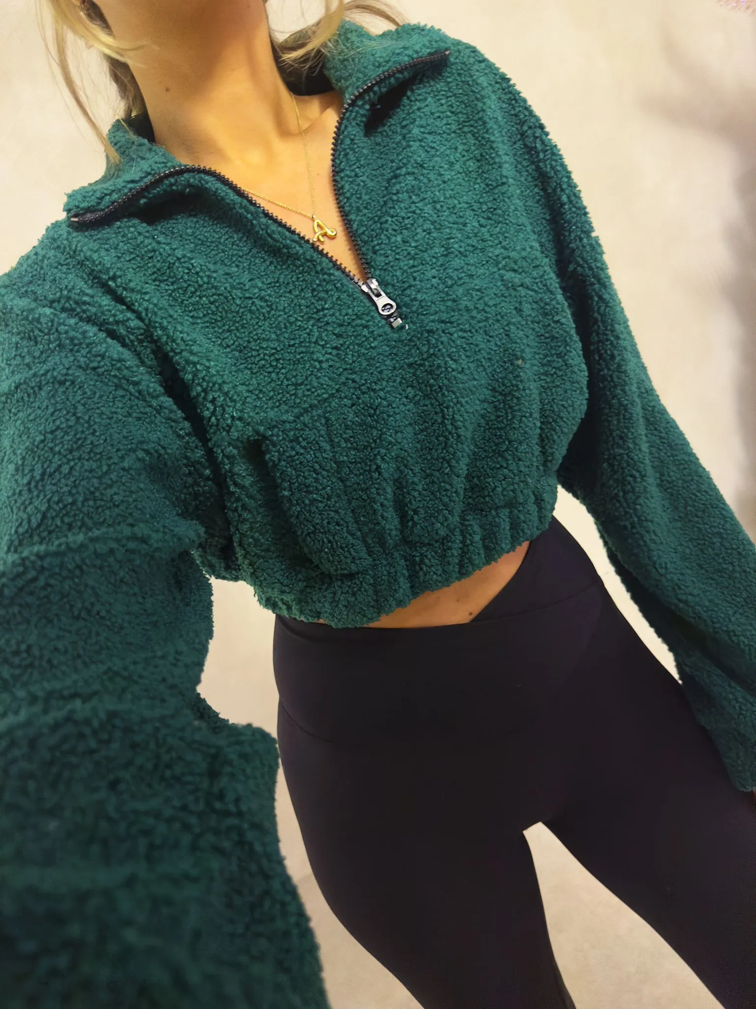Cropped half zip Teddy jumper - green