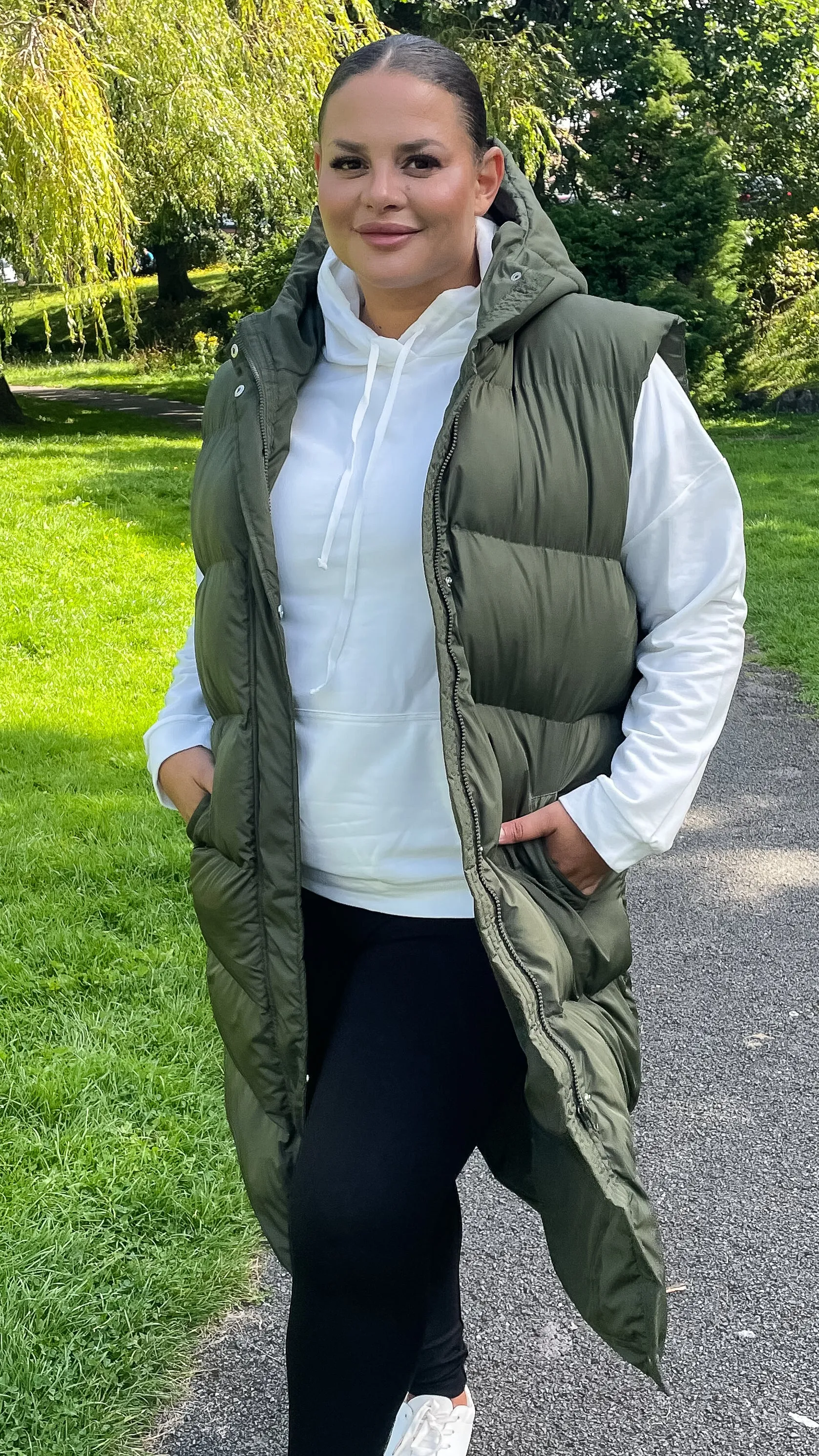 CurveWow Hooded Longline Gilet Khaki