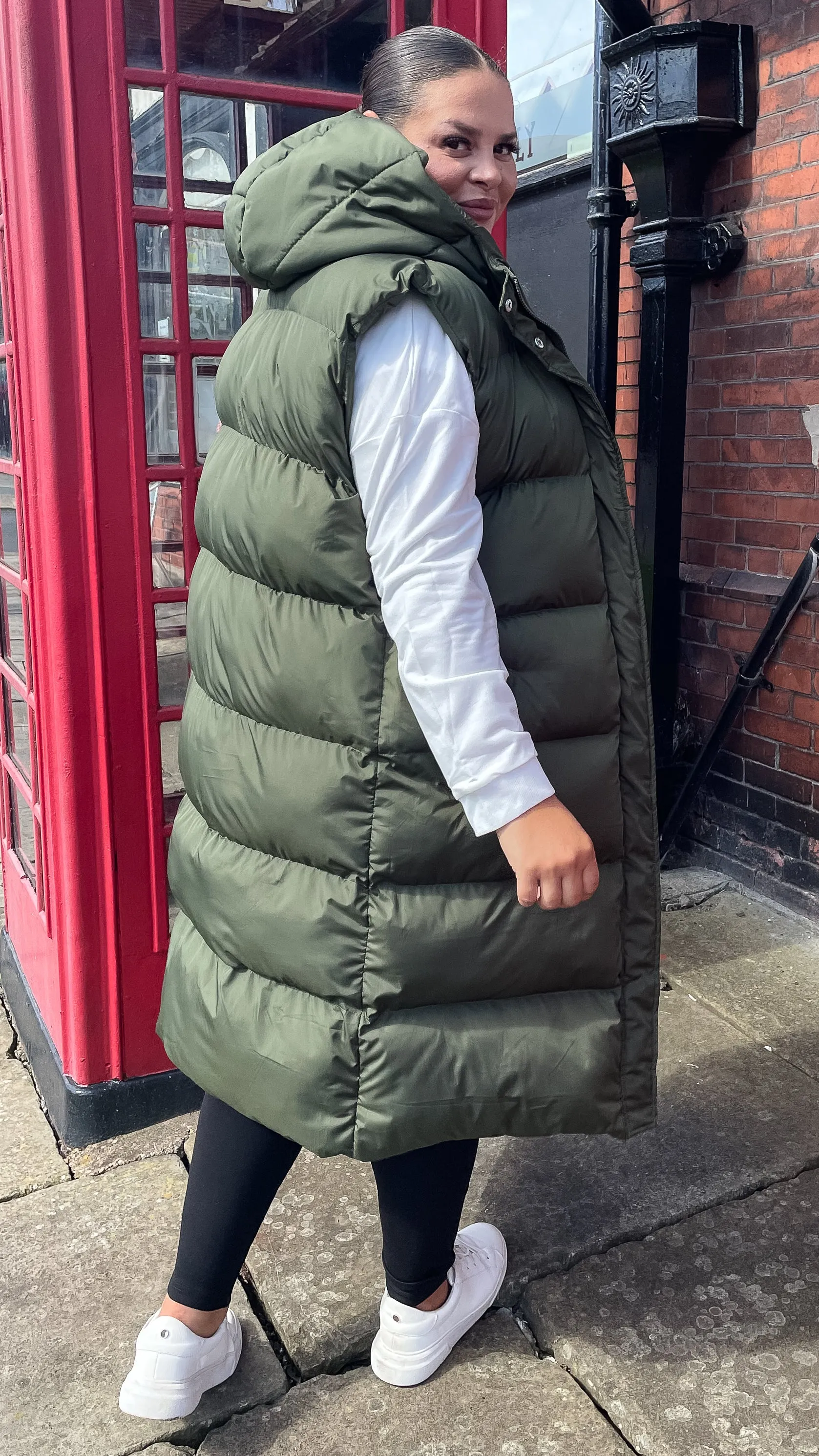 CurveWow Hooded Longline Gilet Khaki