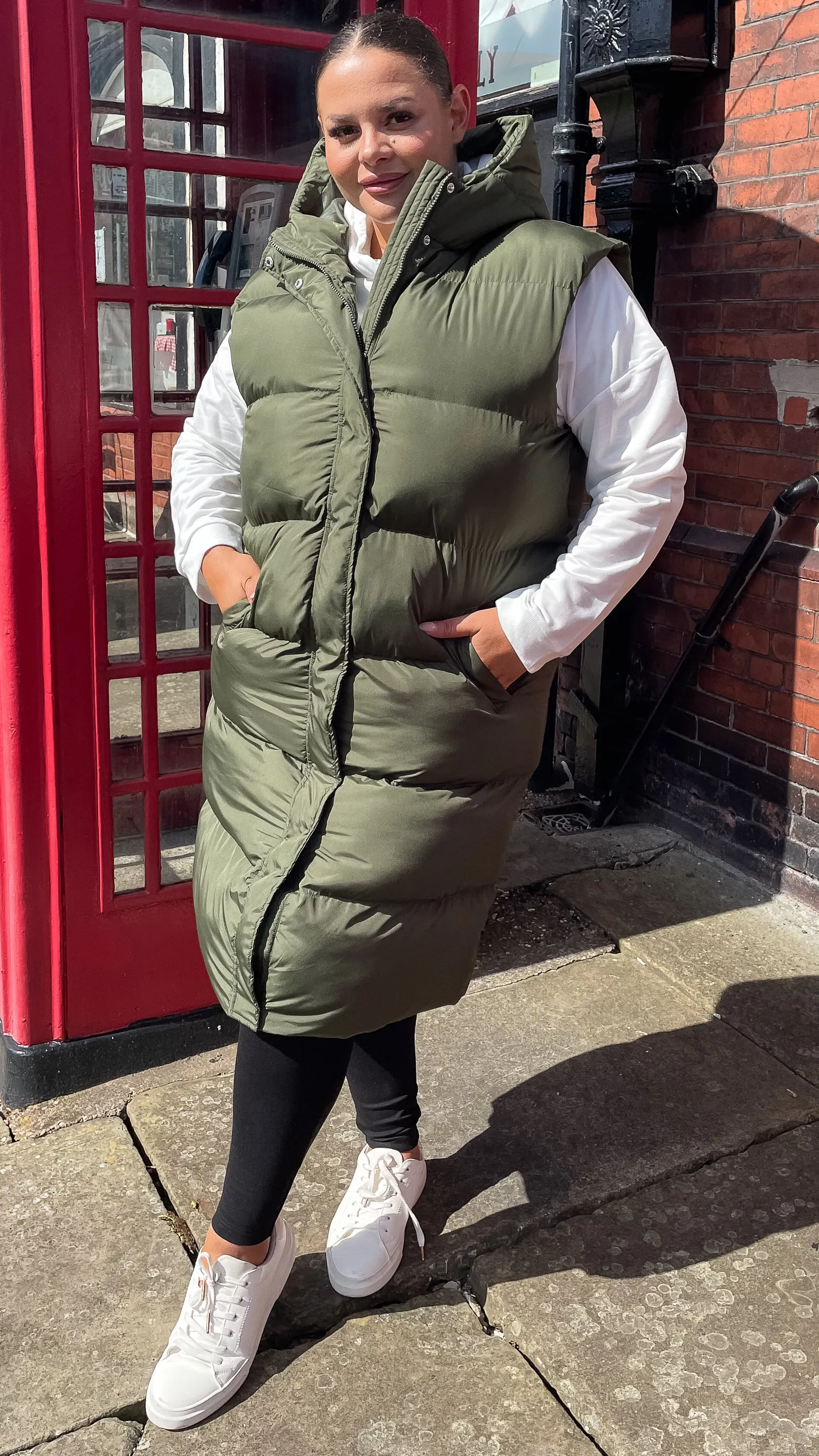 CurveWow Hooded Longline Gilet Khaki