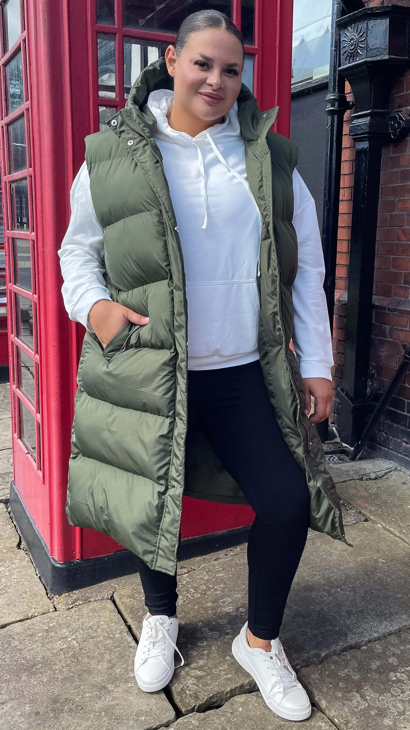 CurveWow Hooded Longline Gilet Khaki