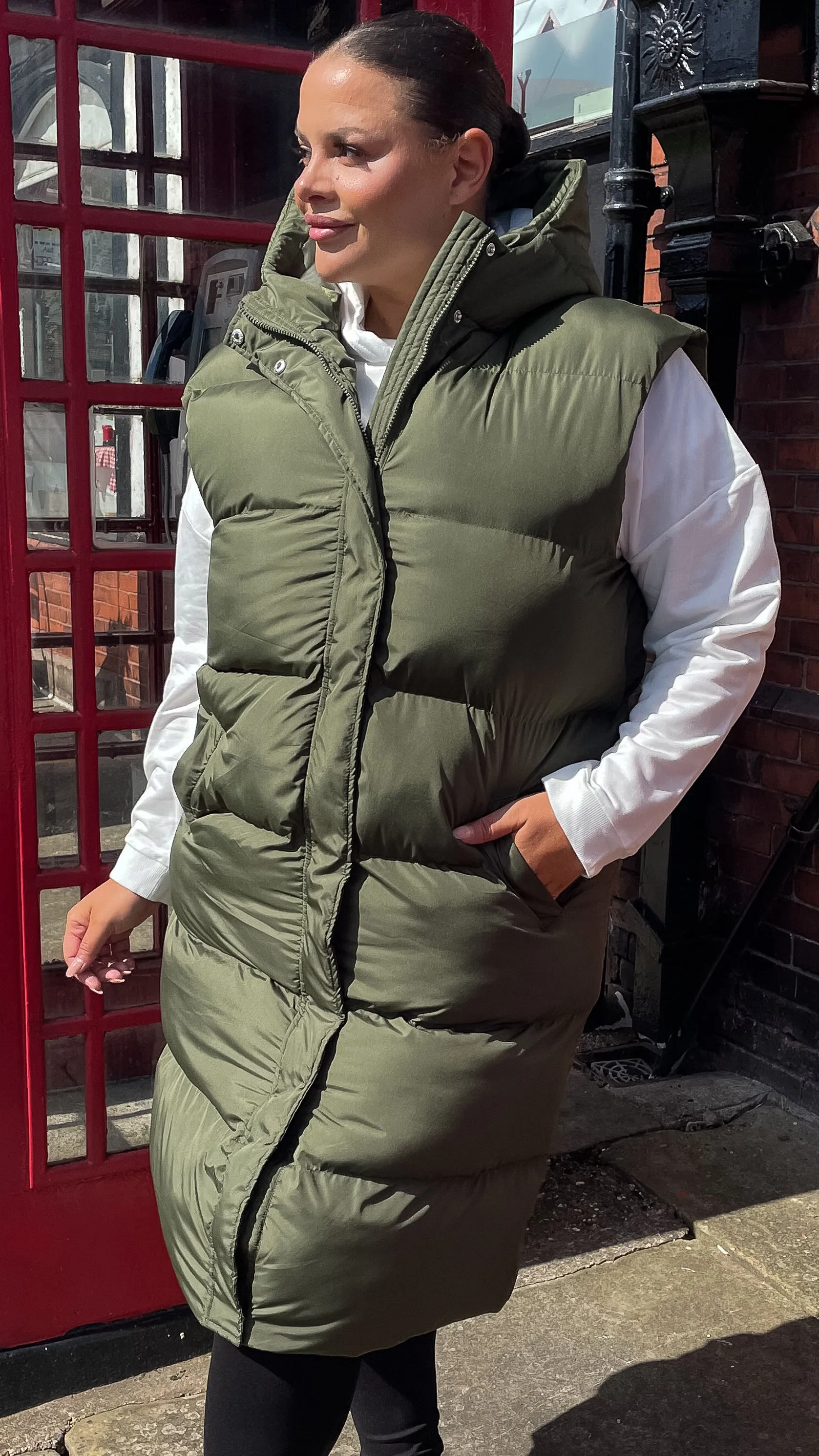 CurveWow Hooded Longline Gilet Khaki