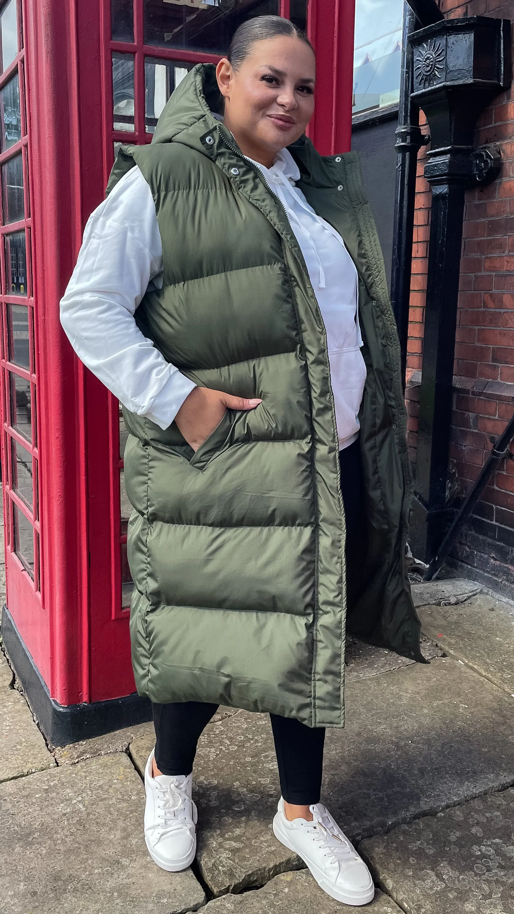 CurveWow Hooded Longline Gilet Khaki