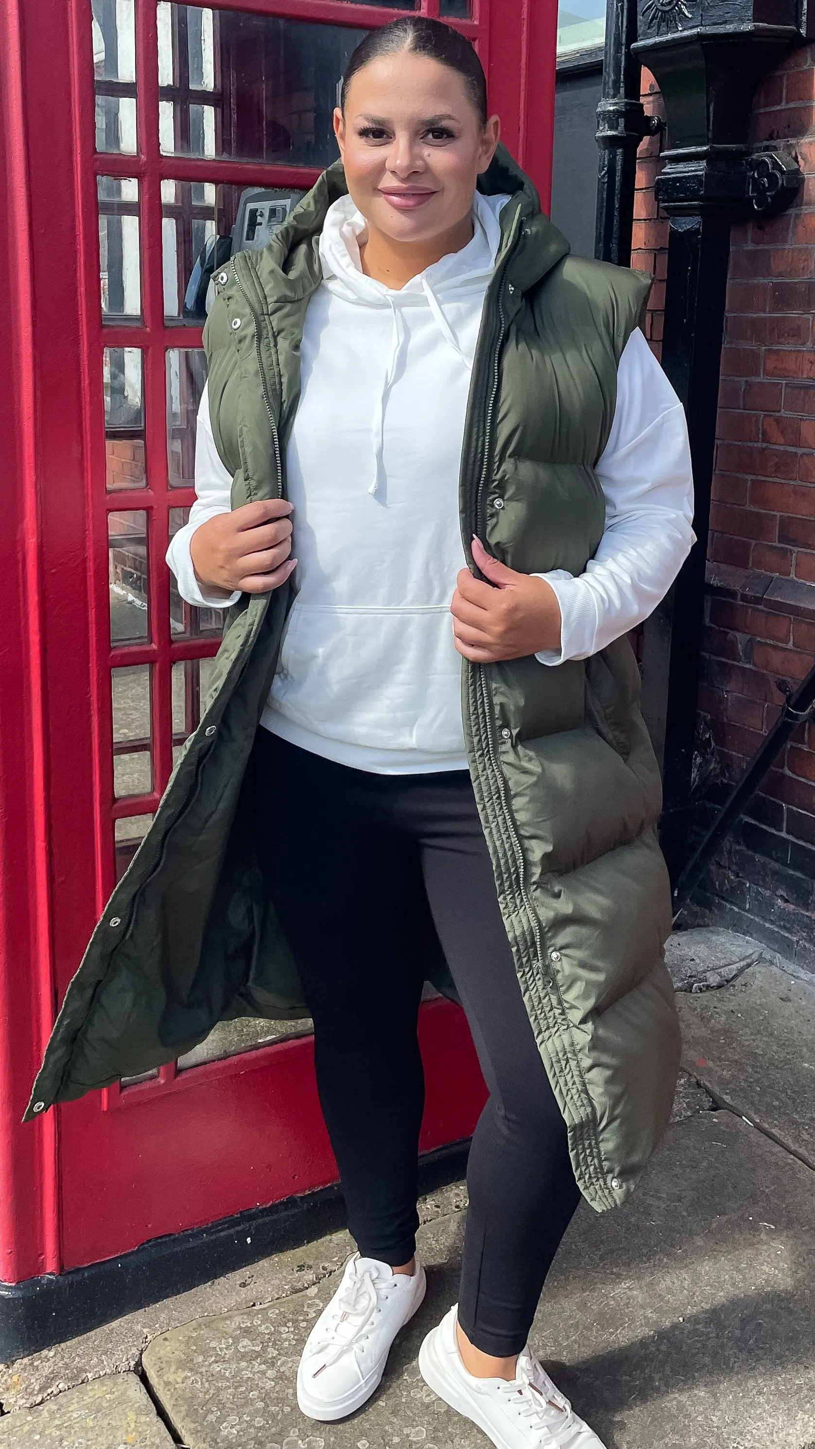CurveWow Hooded Longline Gilet Khaki