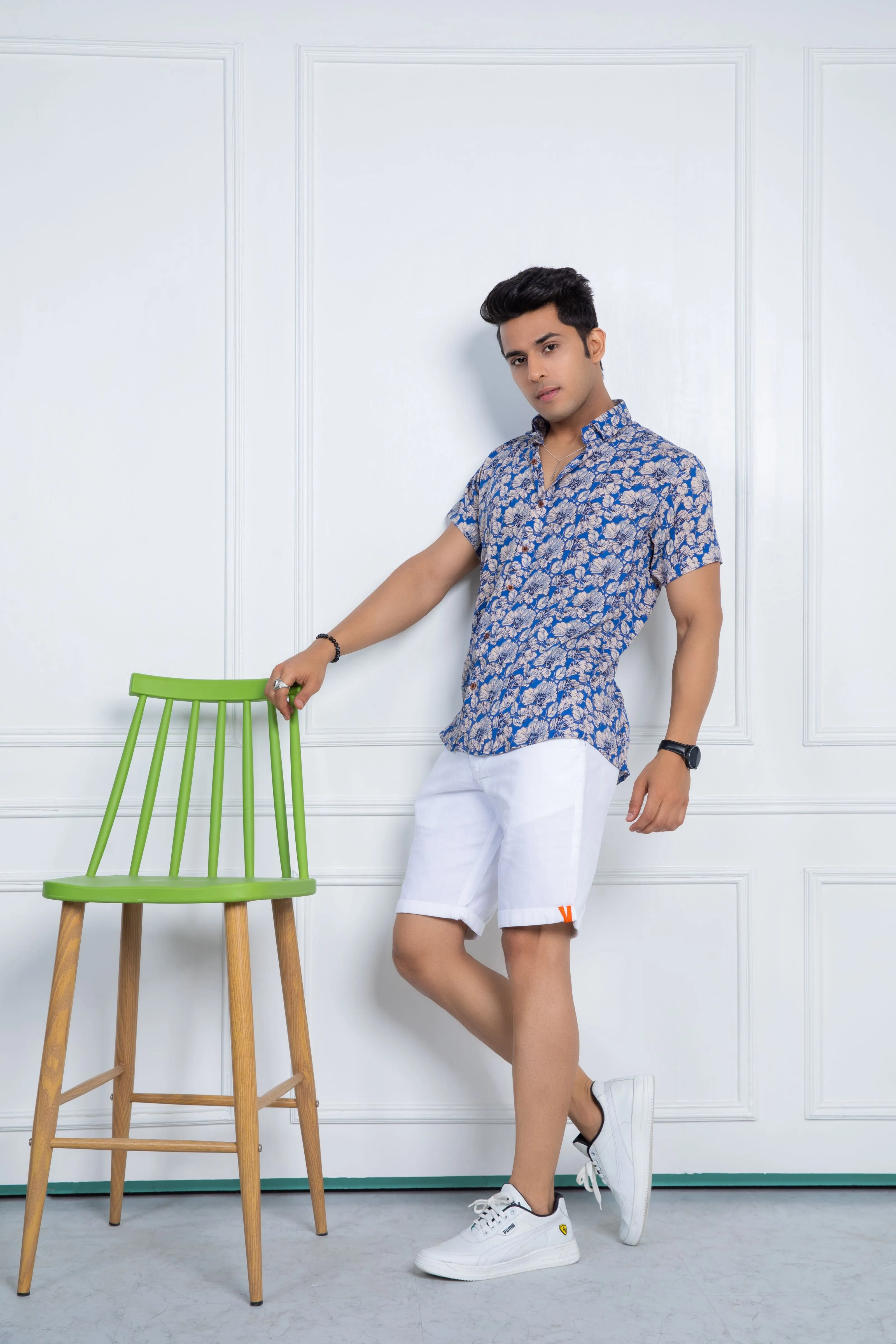 Firangi Yarn Relaxed Fit Super Flowy Re-engineered Cotton Printed Shirt- Half Sleeves (Blue)