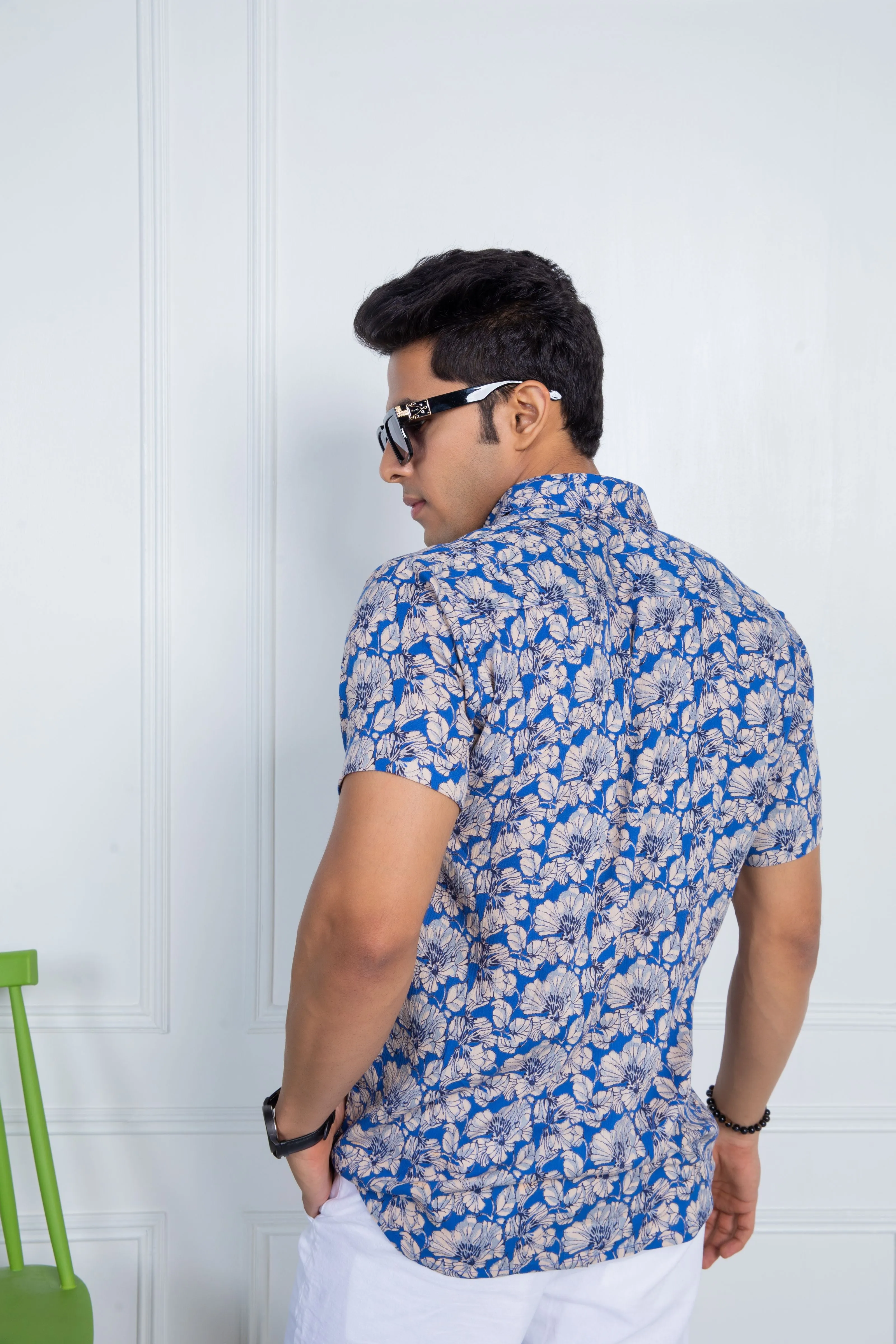 Firangi Yarn Relaxed Fit Super Flowy Re-engineered Cotton Printed Shirt- Half Sleeves (Blue)