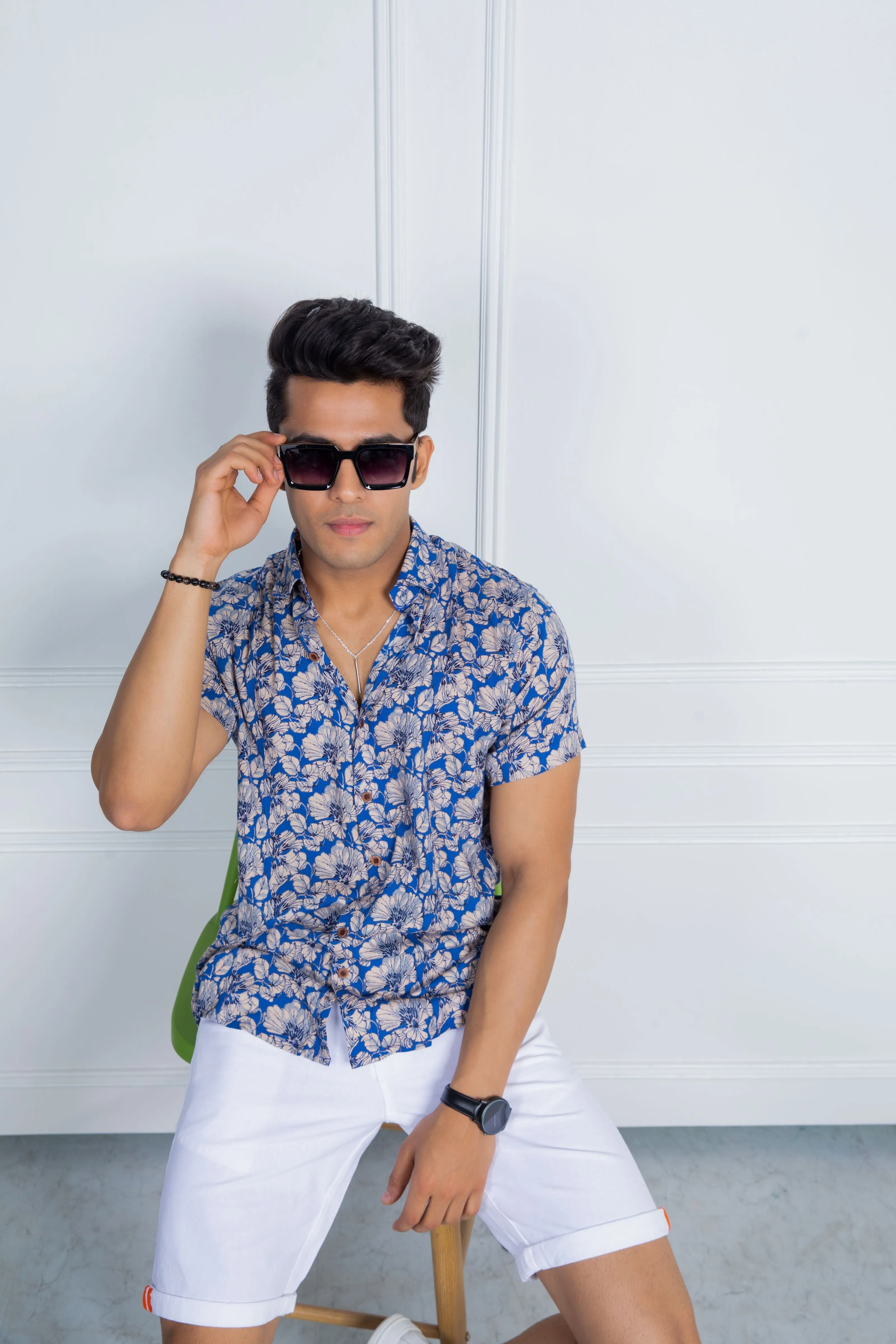 Firangi Yarn Relaxed Fit Super Flowy Re-engineered Cotton Printed Shirt- Half Sleeves (Blue)