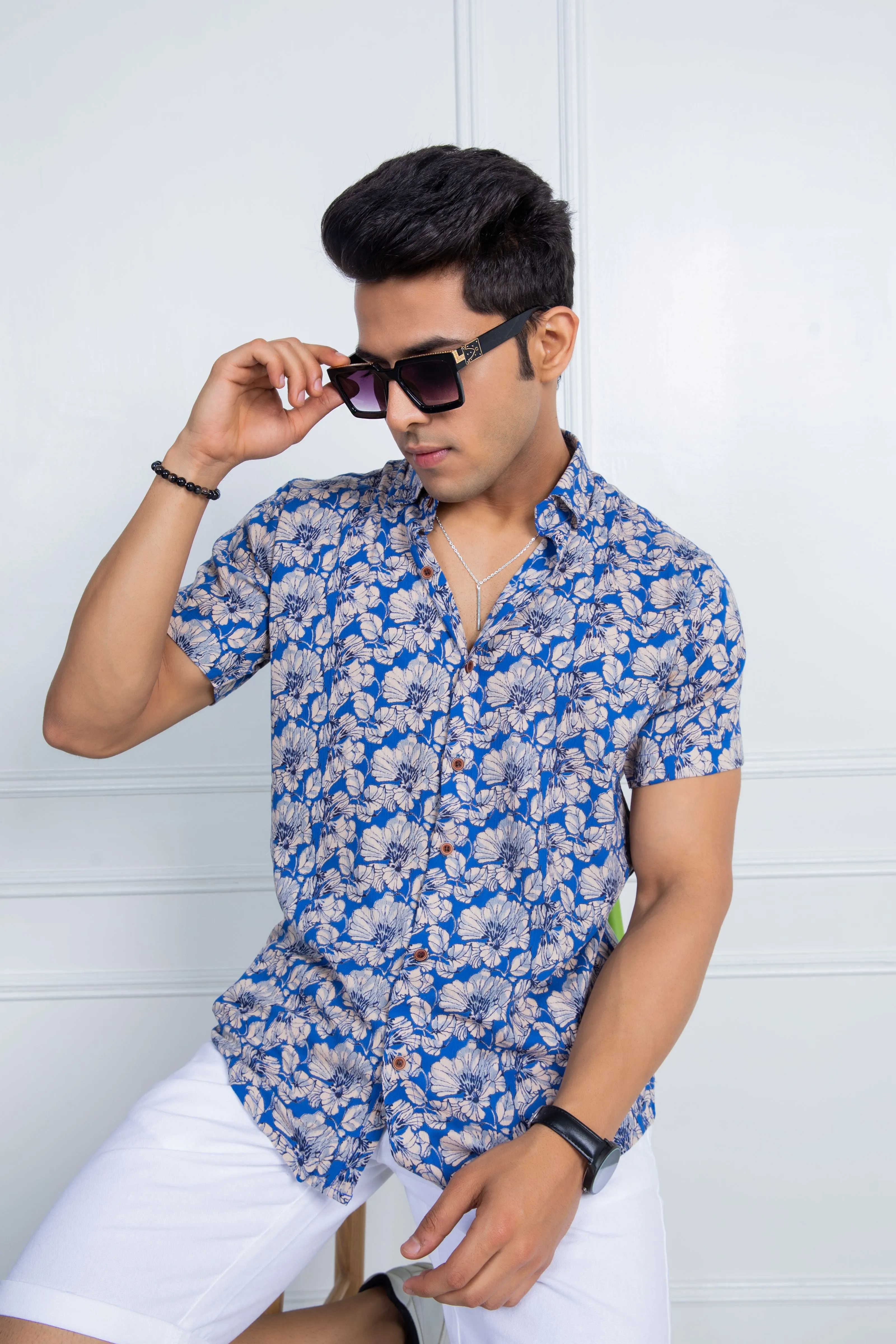 Firangi Yarn Relaxed Fit Super Flowy Re-engineered Cotton Printed Shirt- Half Sleeves (Blue)