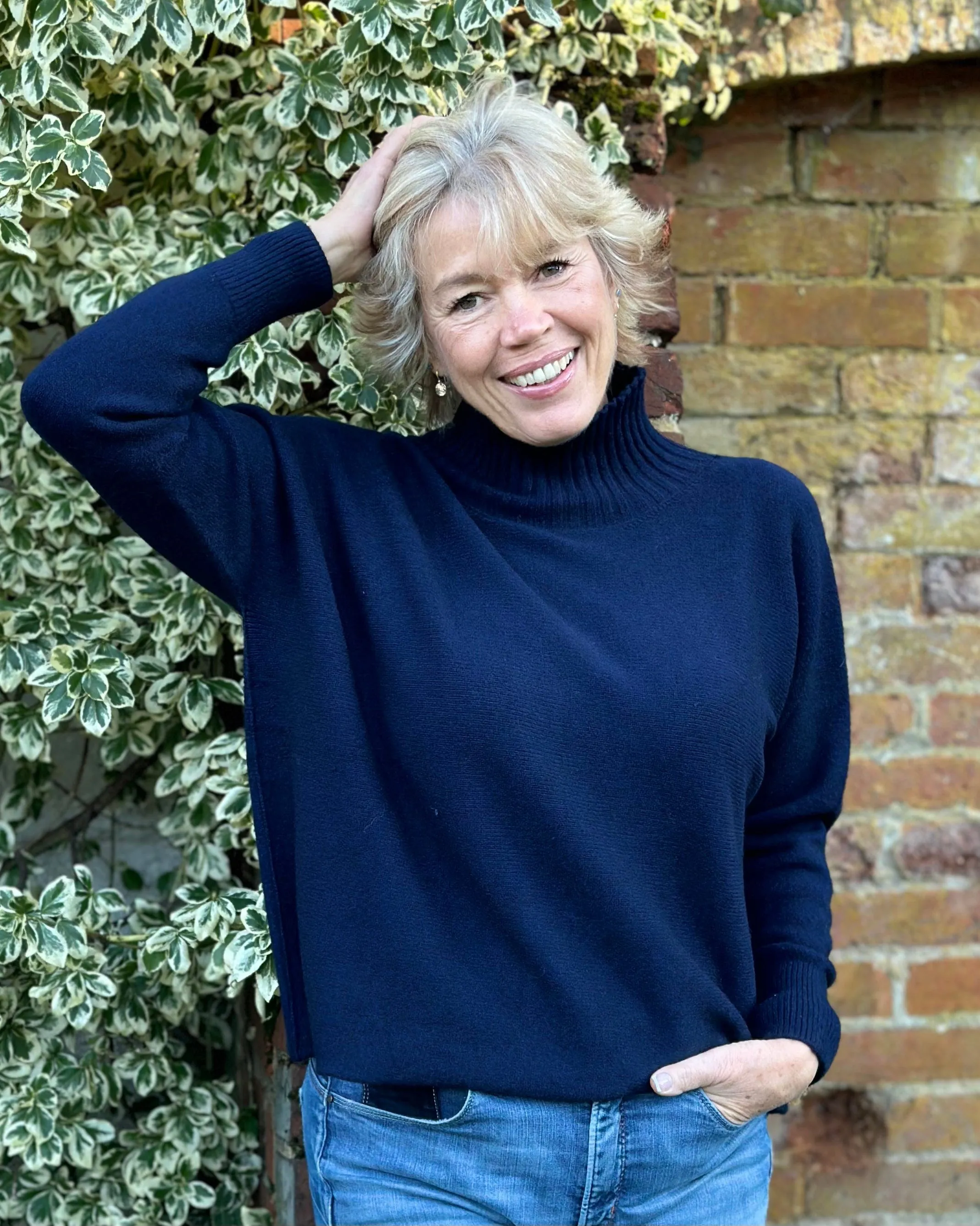 Funnel Neck Soft Knit Long Sleeve Jumper - Navy