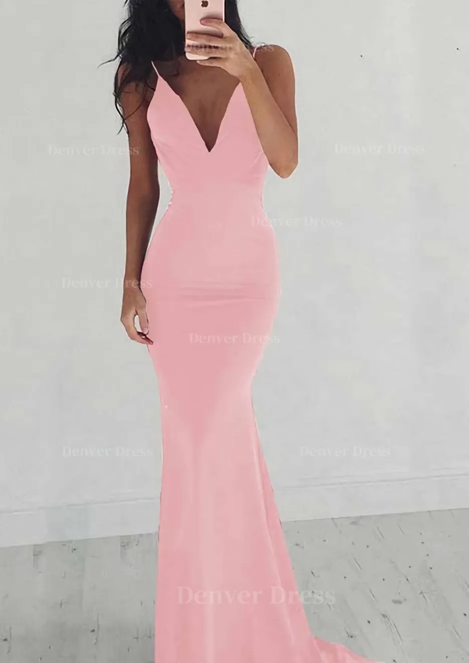 Jersey Prom Dress Sheath/Column V-Neck Sweep Train With Pleated