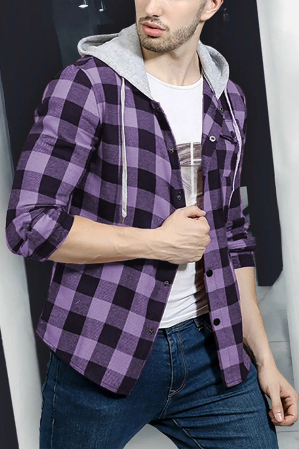 Mens Plaid Printed Drawstring Hooded Shacket