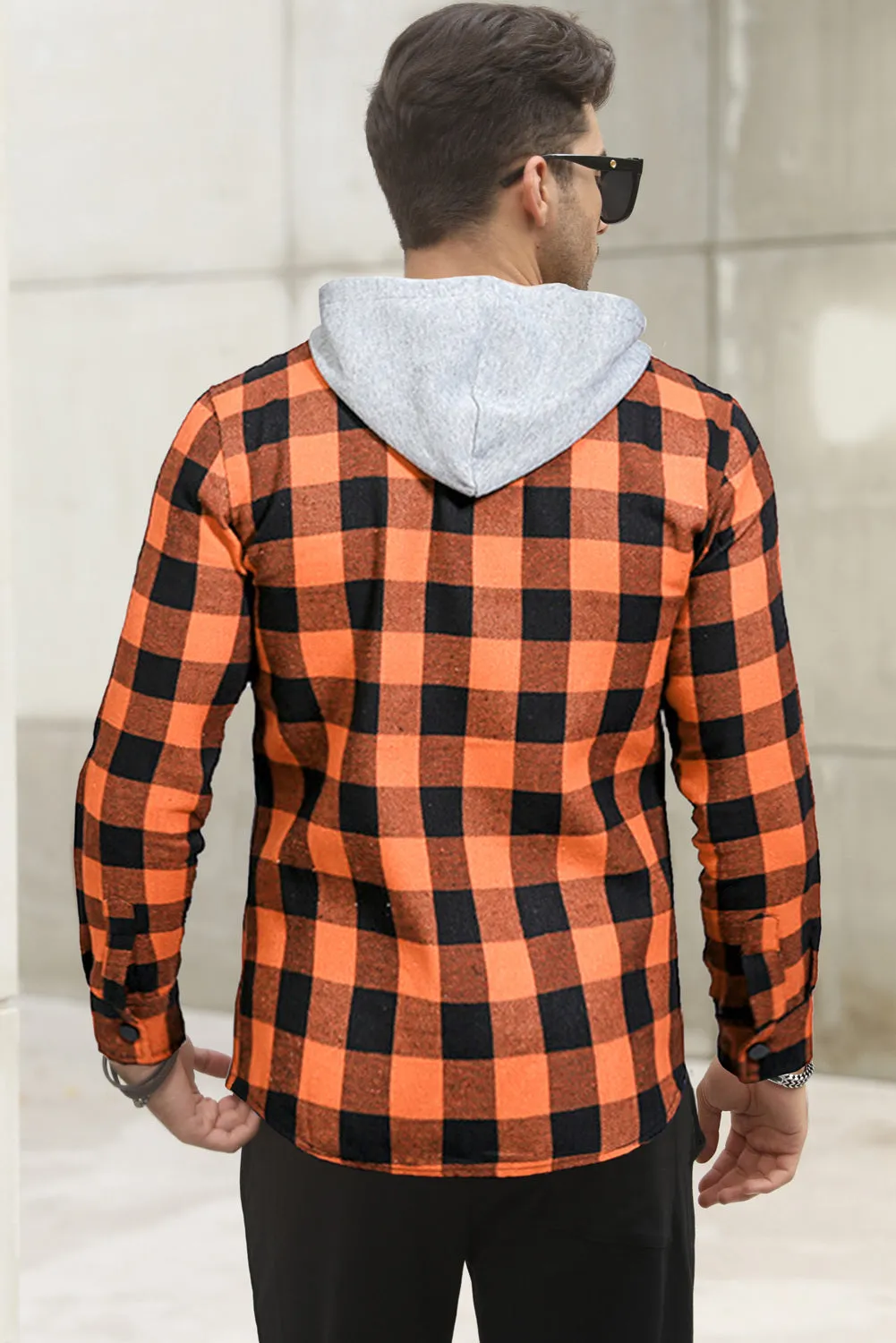 Mens Plaid Printed Drawstring Hooded Shacket