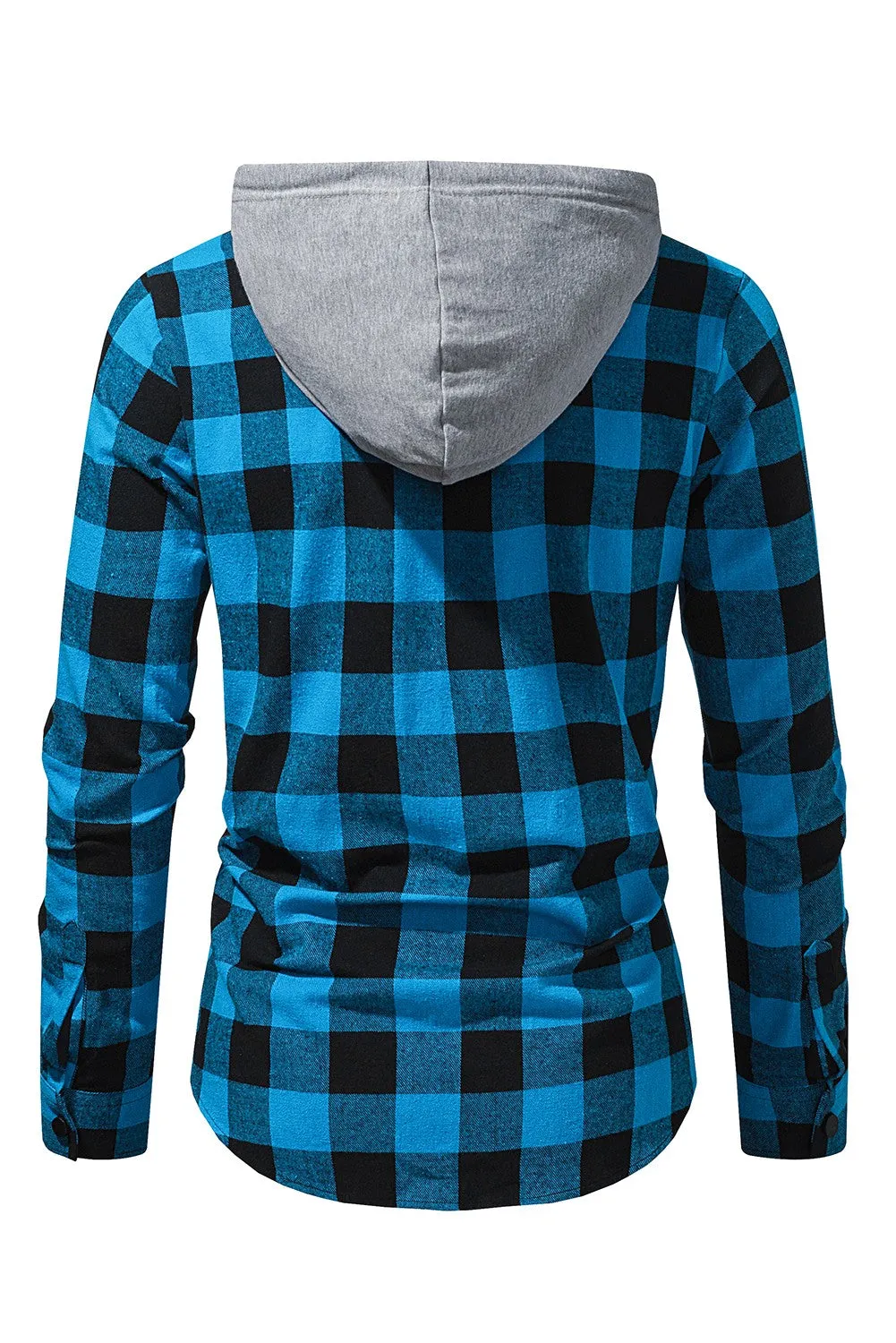 Mens Plaid Printed Drawstring Hooded Shacket