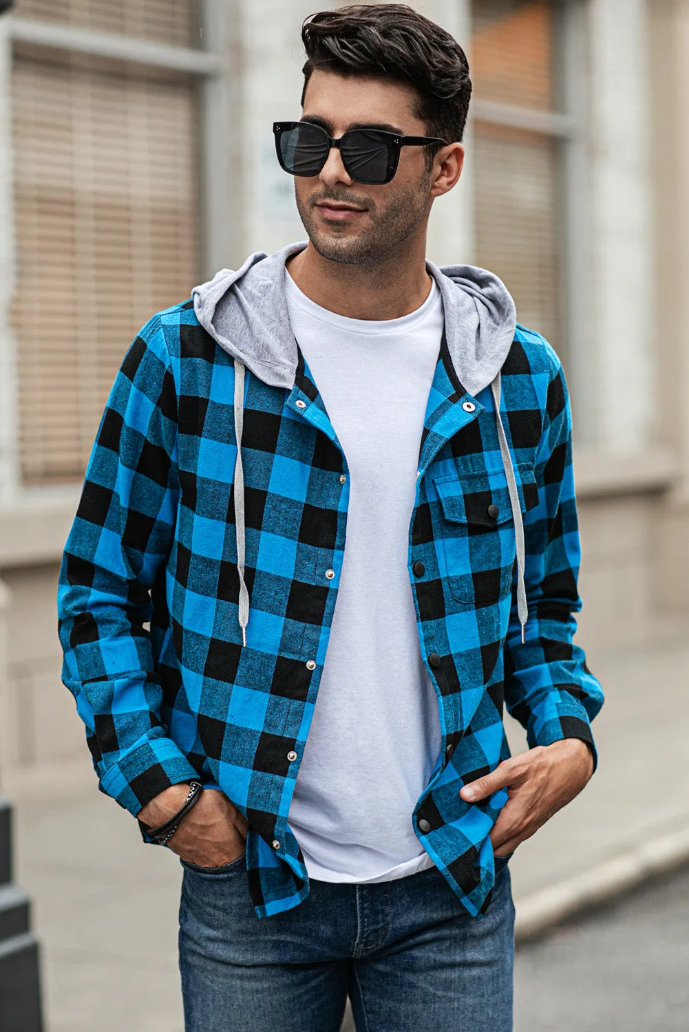 Mens Plaid Printed Drawstring Hooded Shacket