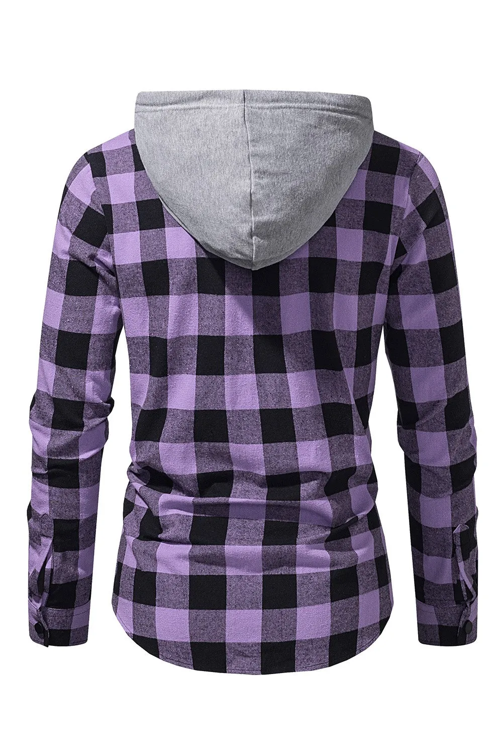 Mens Plaid Printed Drawstring Hooded Shacket