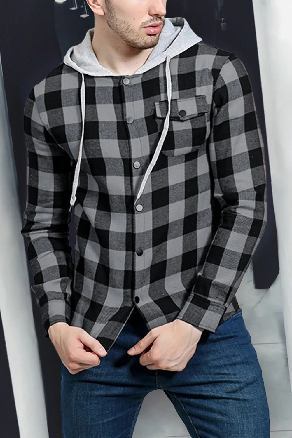 Mens Plaid Printed Drawstring Hooded Shacket