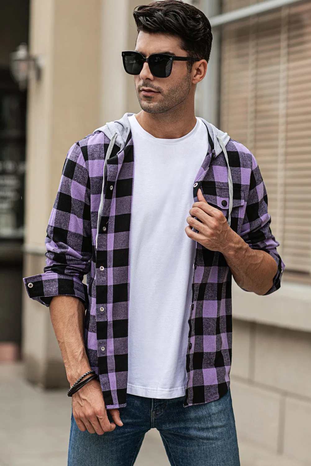 Mens Plaid Printed Drawstring Hooded Shacket