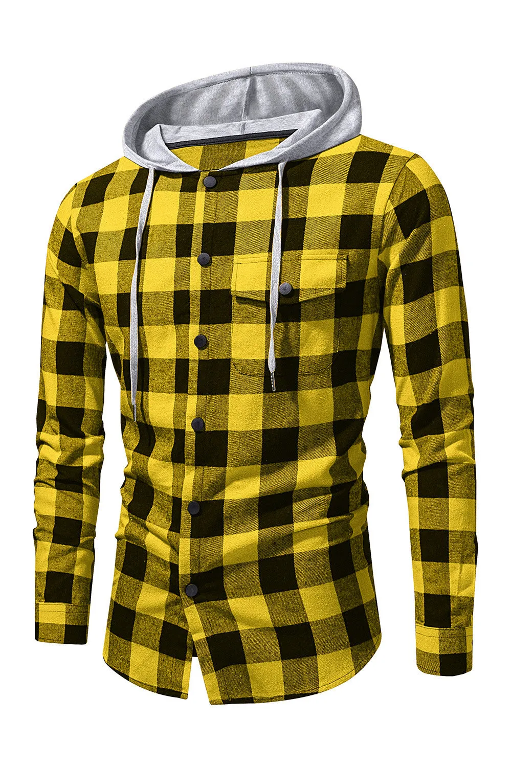Mens Plaid Printed Drawstring Hooded Shacket