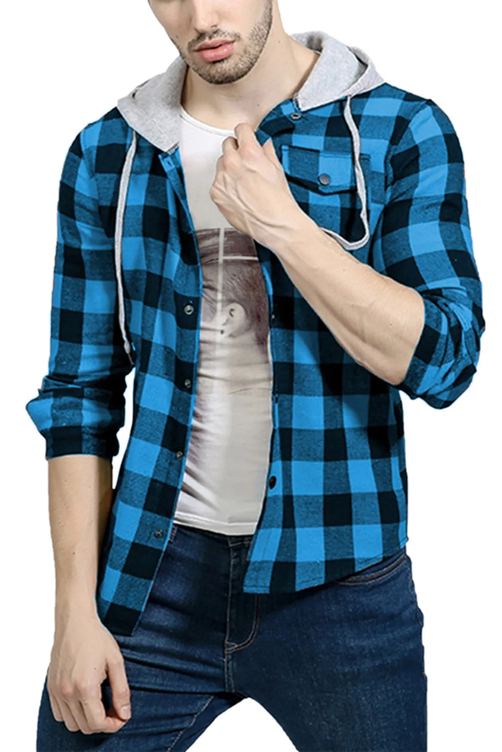 Mens Plaid Printed Drawstring Hooded Shacket