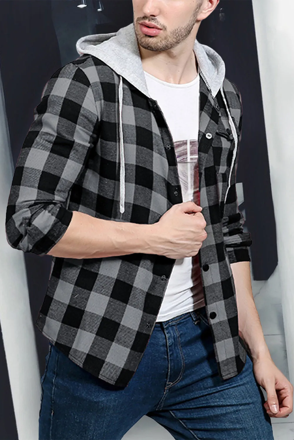 Mens Plaid Printed Drawstring Hooded Shacket