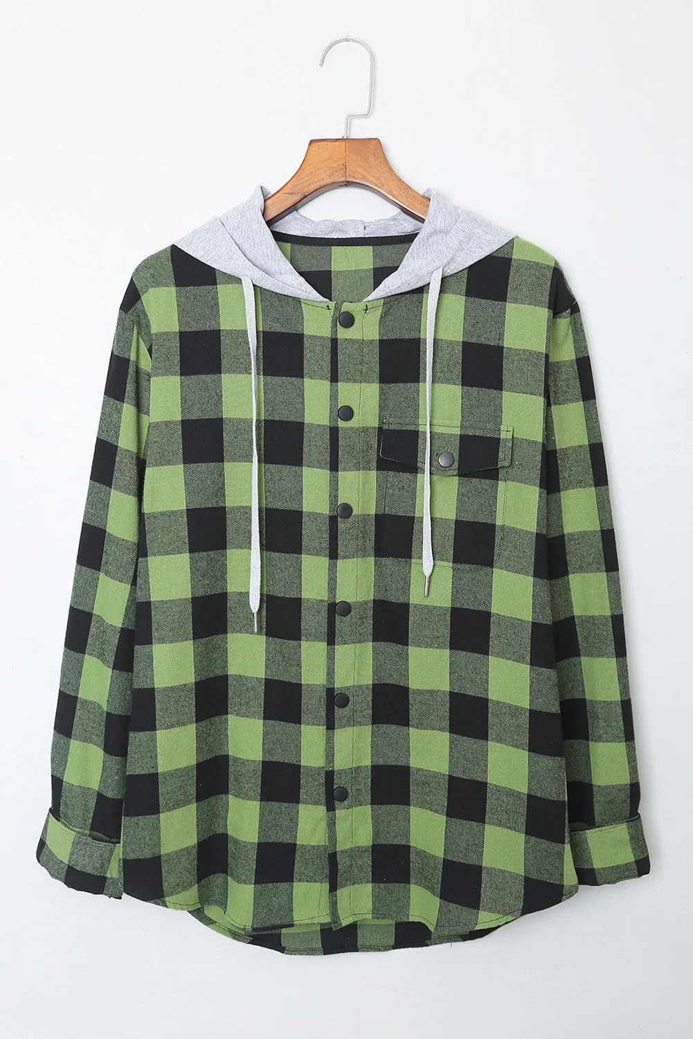 Mens Plaid Printed Drawstring Hooded Shacket