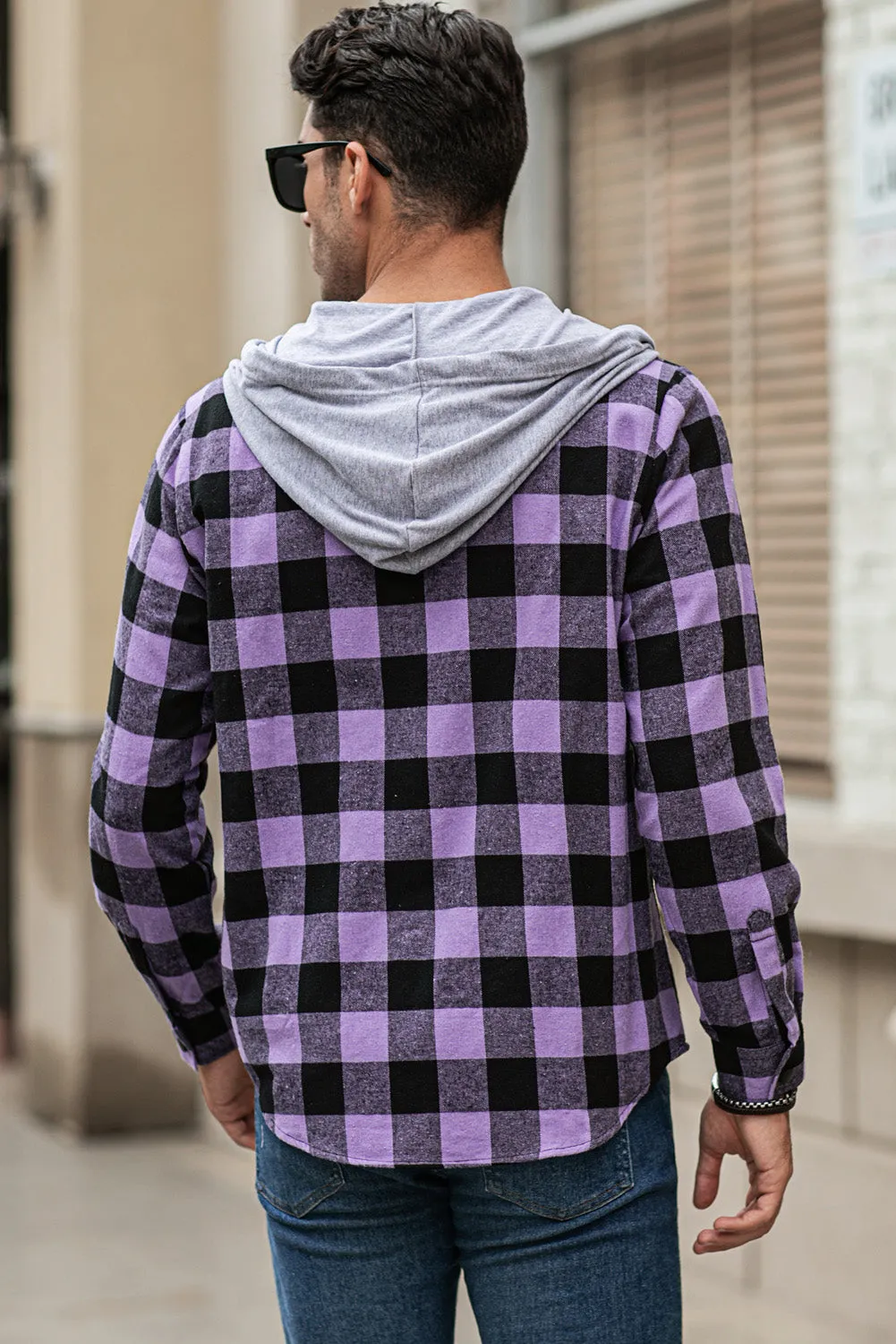 Mens Plaid Printed Drawstring Hooded Shacket