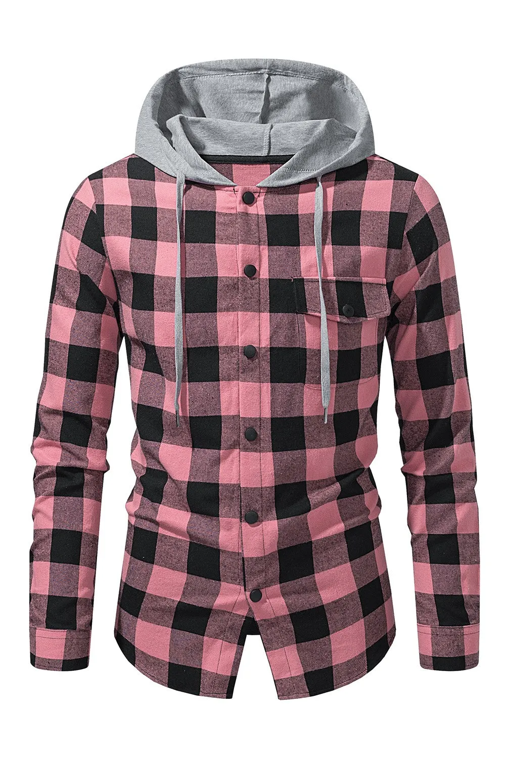 Mens Plaid Printed Drawstring Hooded Shacket