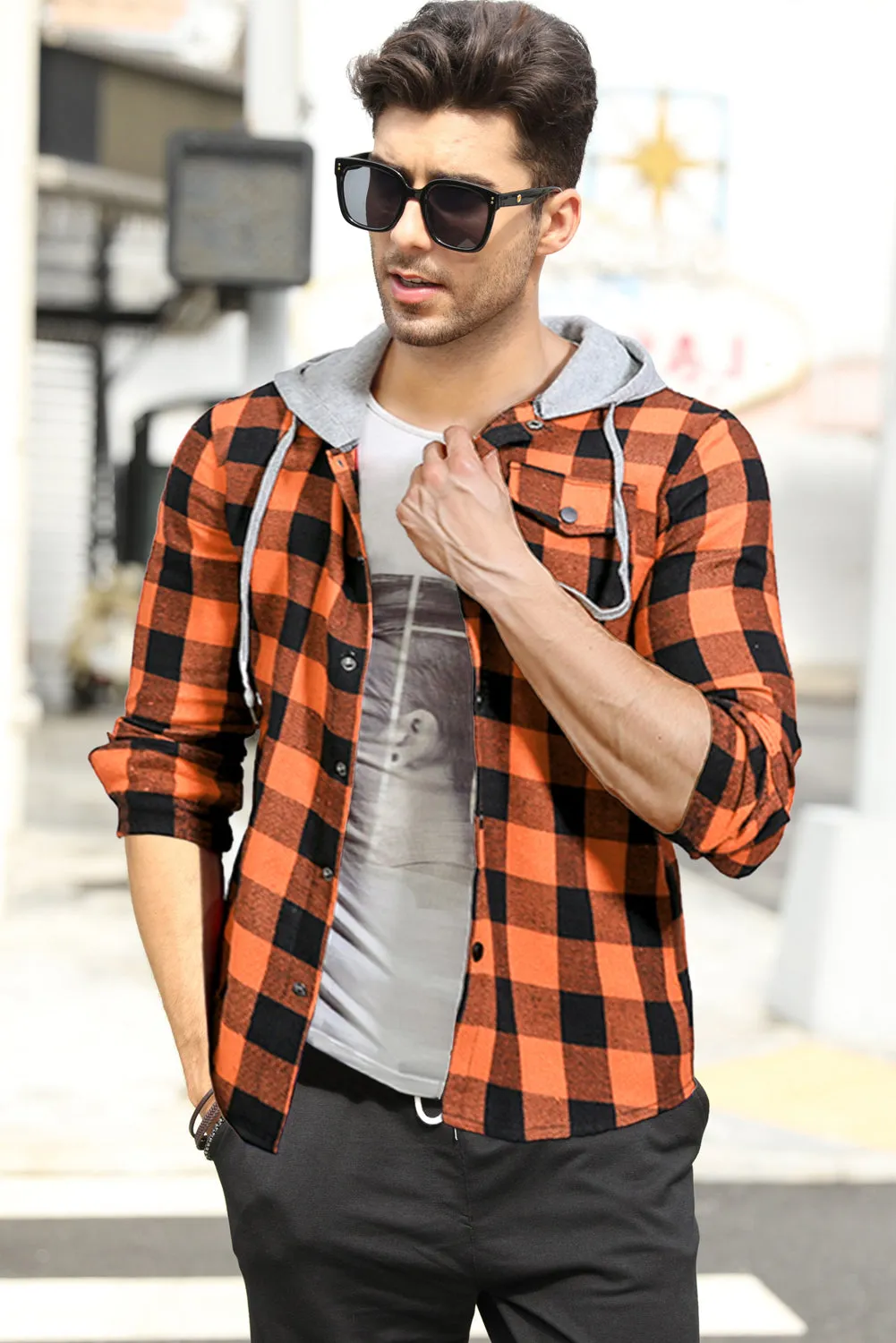 Mens Plaid Printed Drawstring Hooded Shacket
