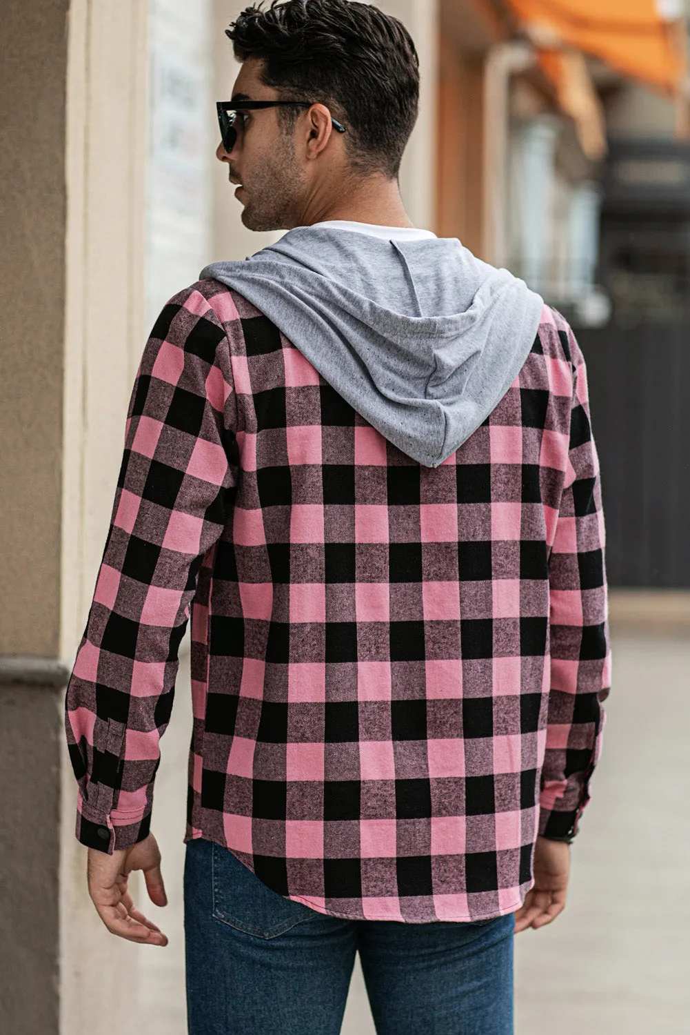 Mens Plaid Printed Drawstring Hooded Shacket