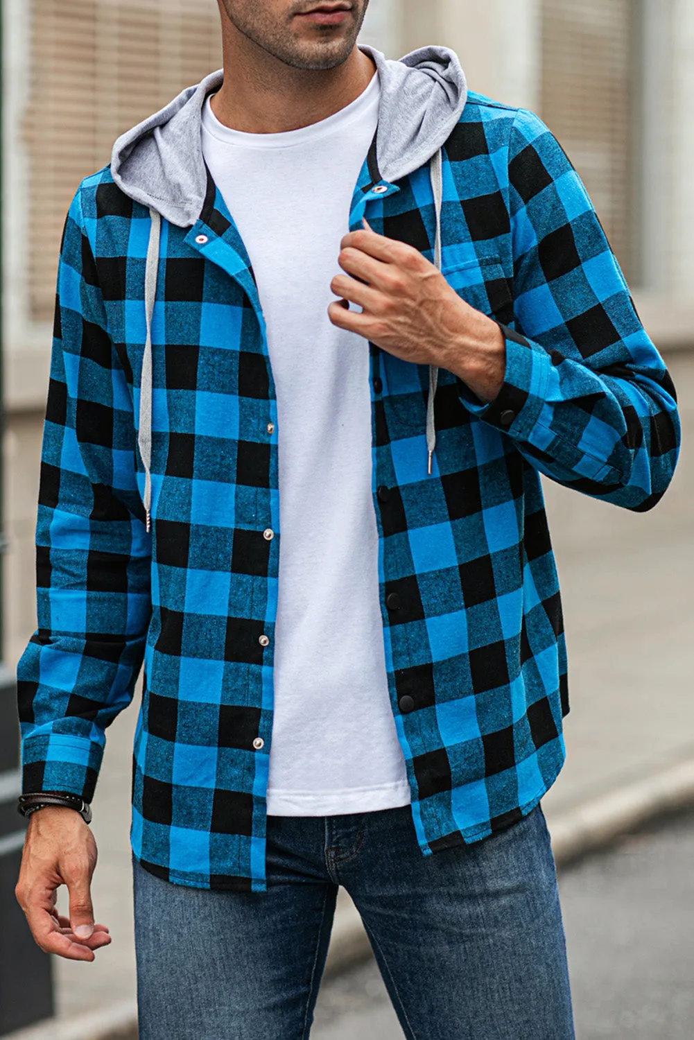 Mens Plaid Printed Drawstring Hooded Shacket