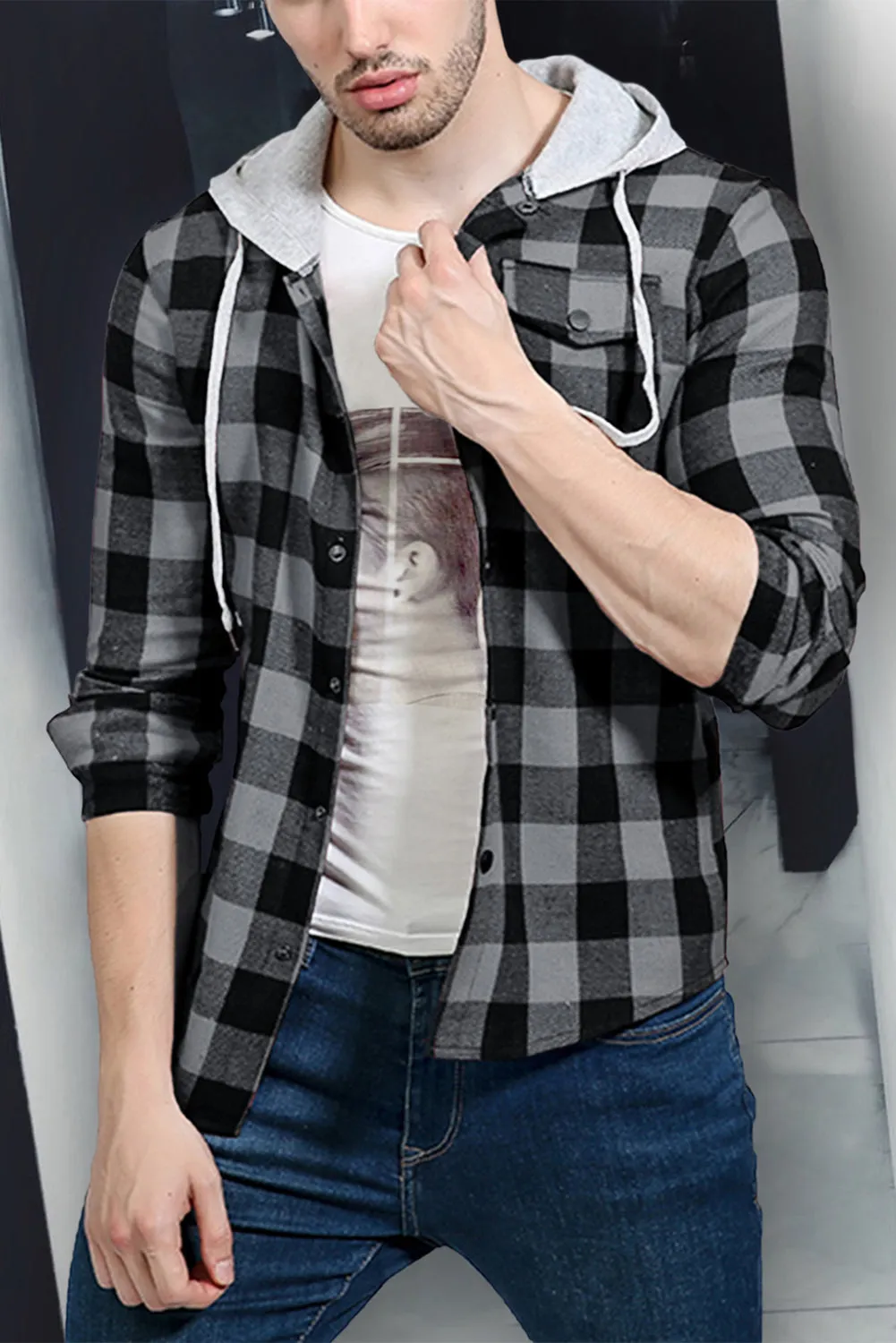 Mens Plaid Printed Drawstring Hooded Shacket