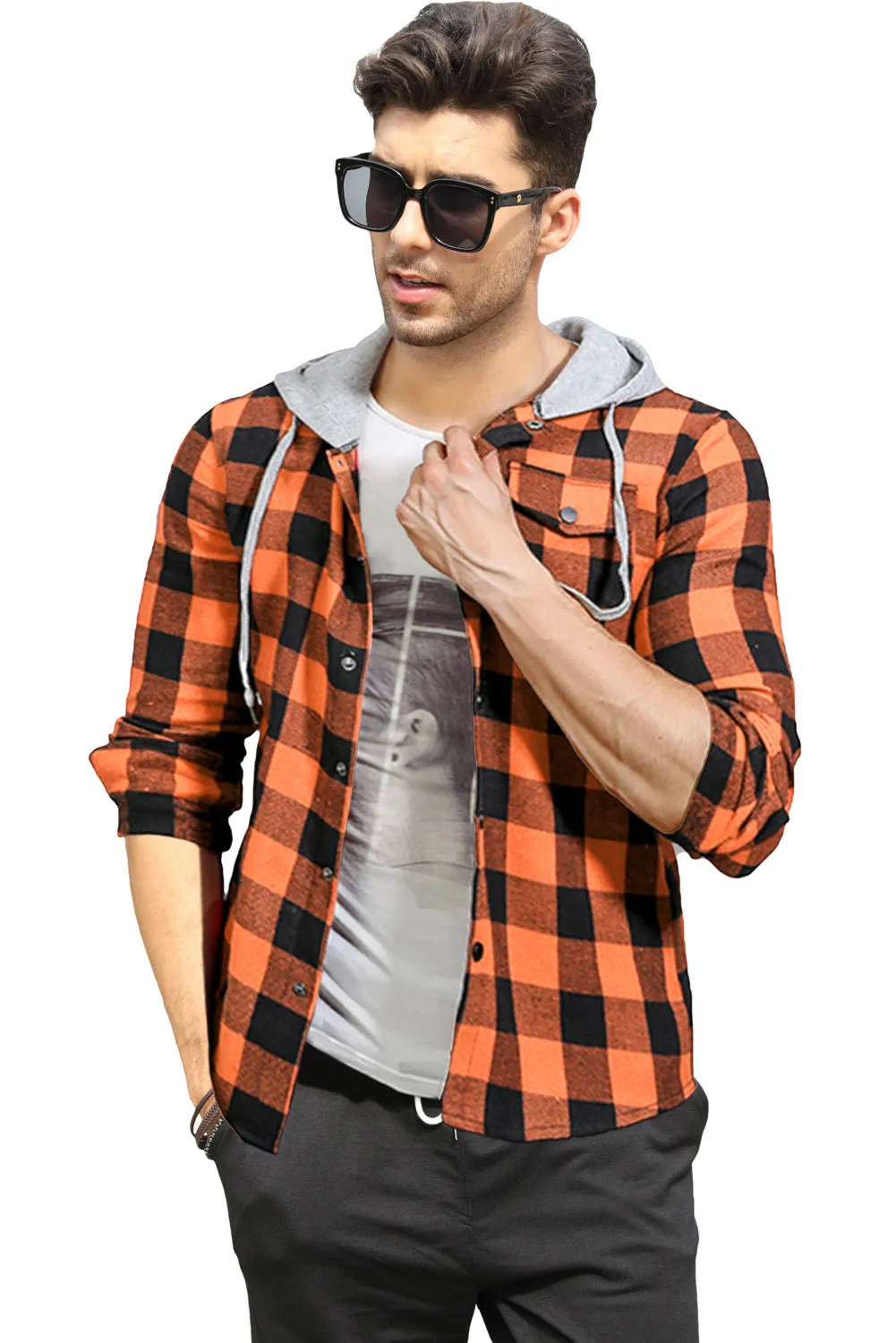 Mens Plaid Printed Drawstring Hooded Shacket
