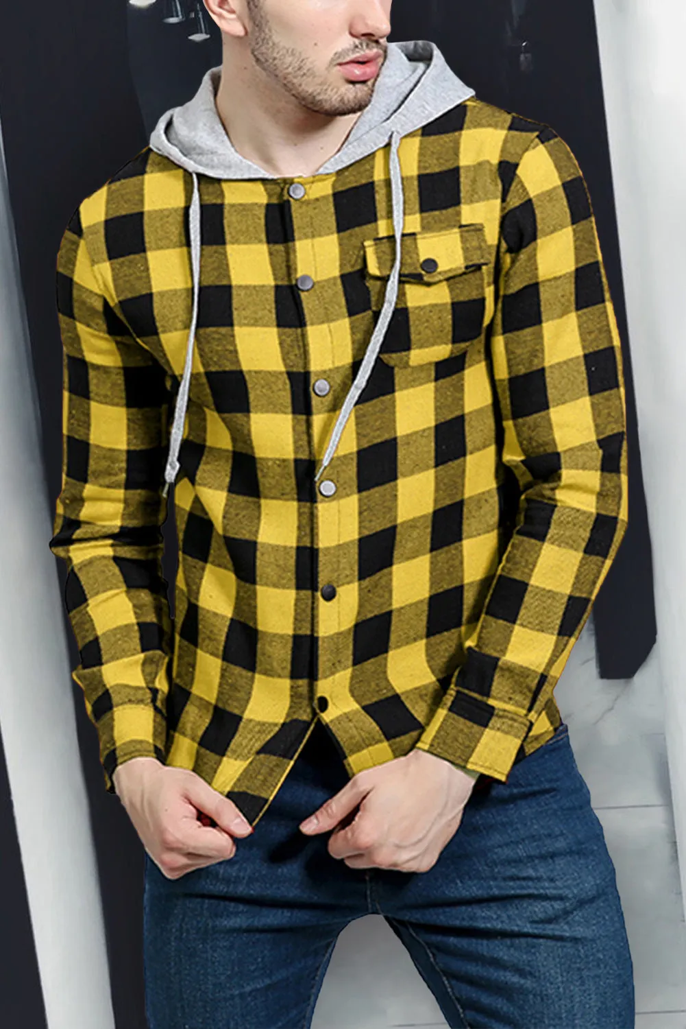 Mens Plaid Printed Drawstring Hooded Shacket