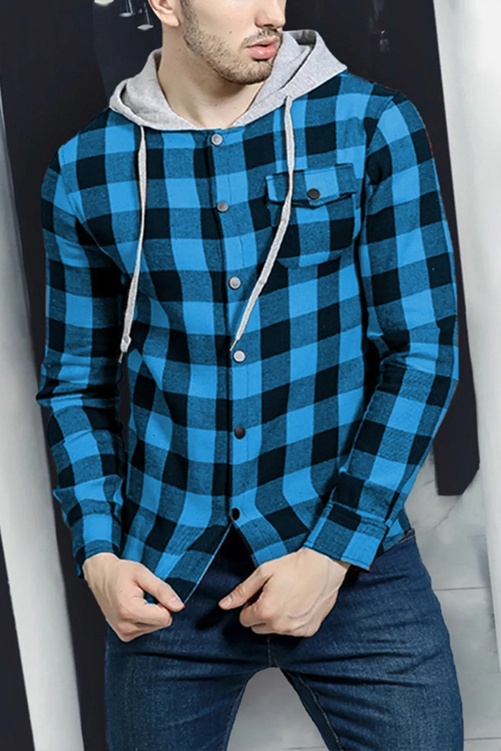 Mens Plaid Printed Drawstring Hooded Shacket