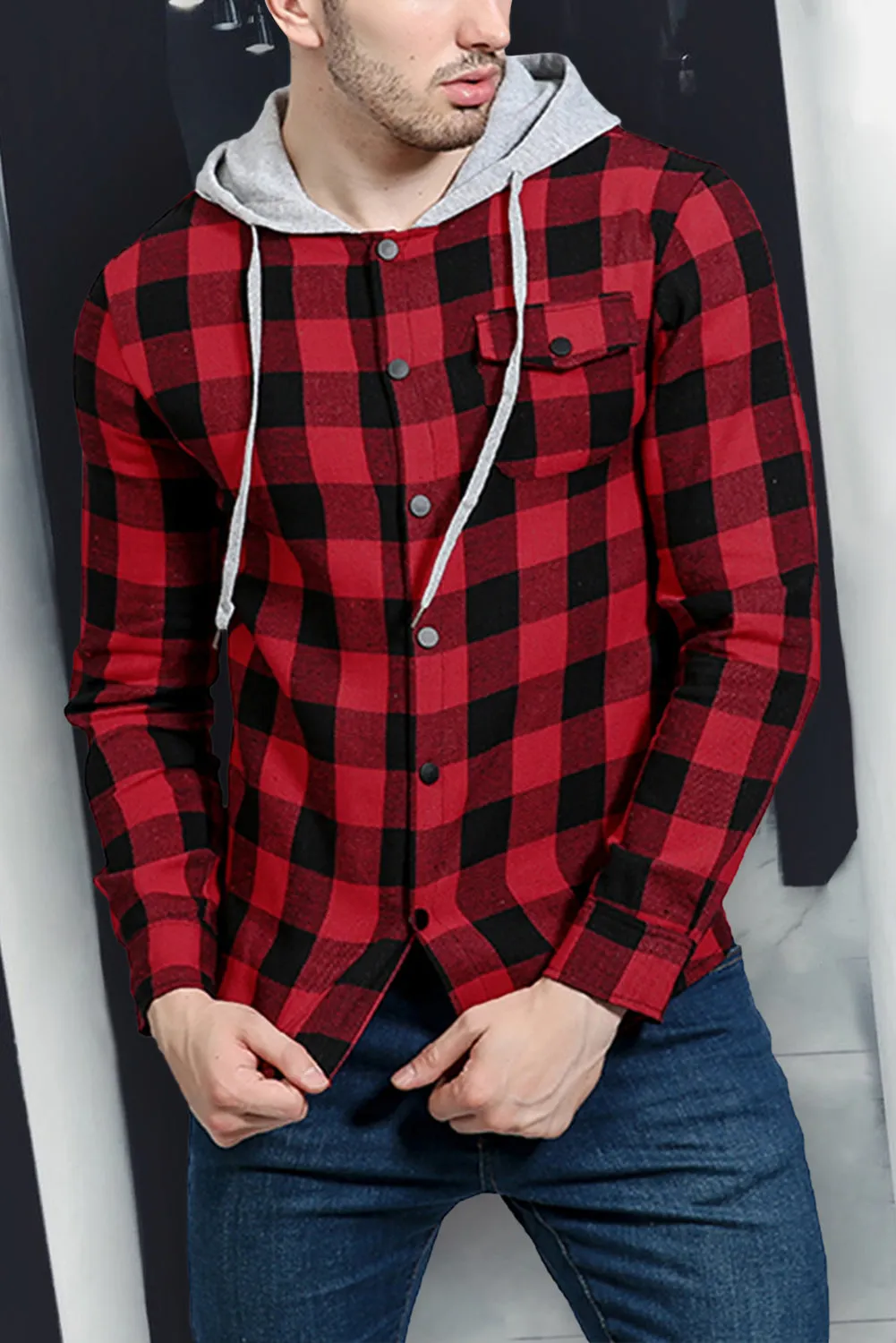 Mens Plaid Printed Drawstring Hooded Shacket