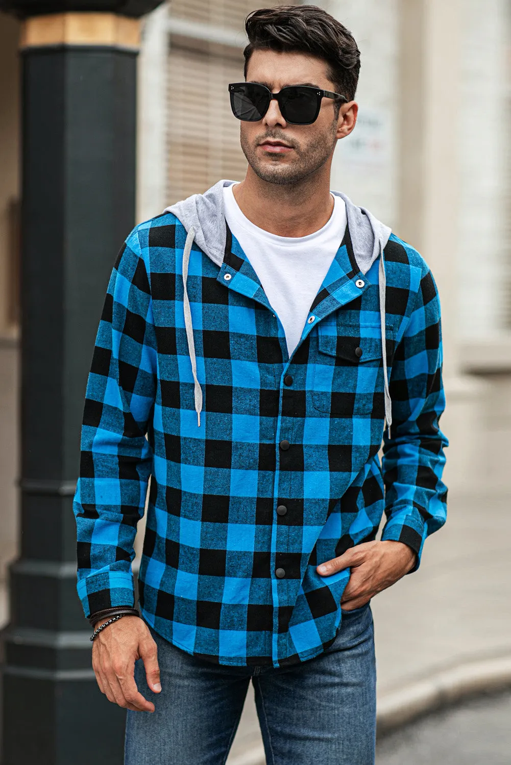Mens Plaid Printed Drawstring Hooded Shacket