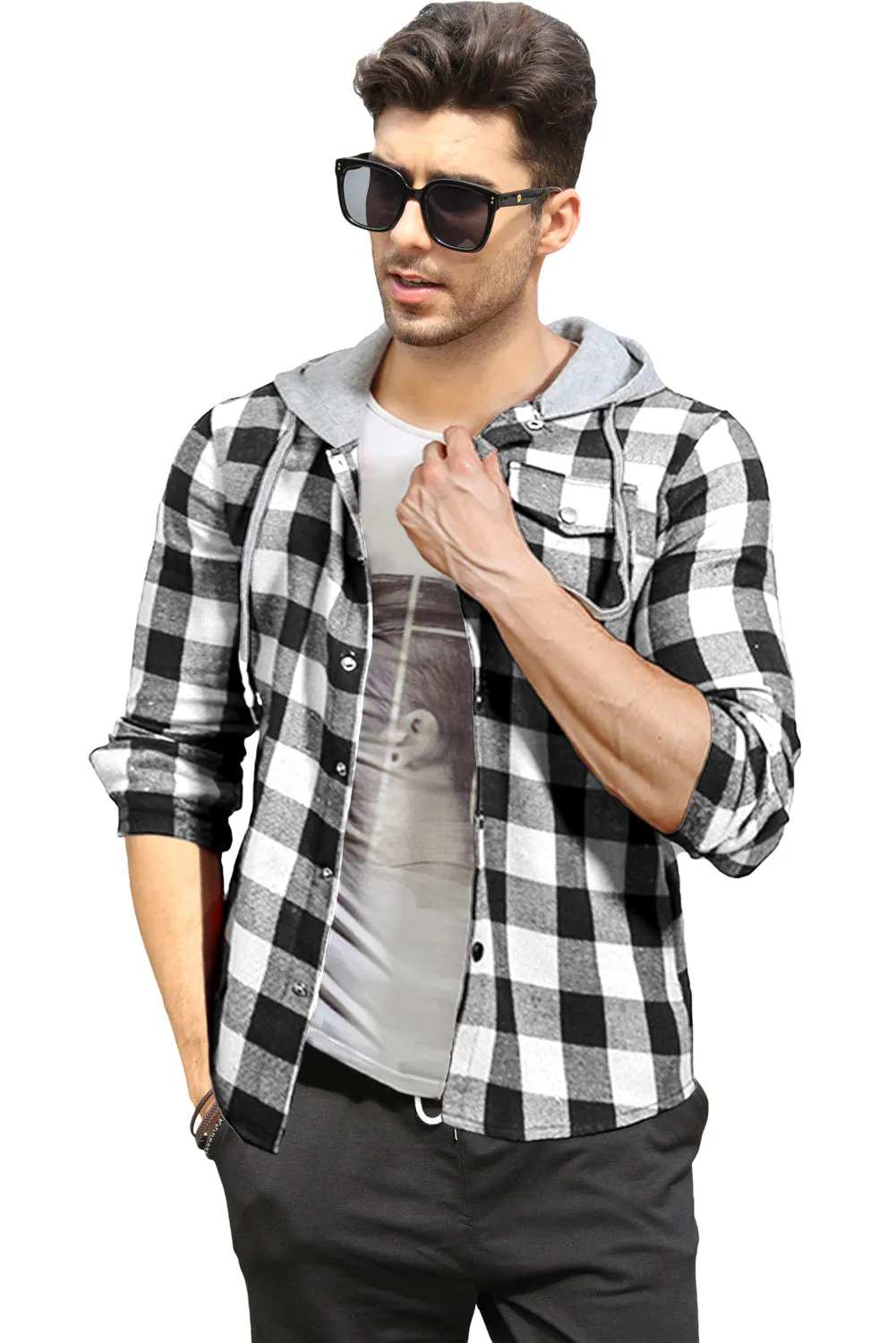 Mens Plaid Printed Drawstring Hooded Shacket
