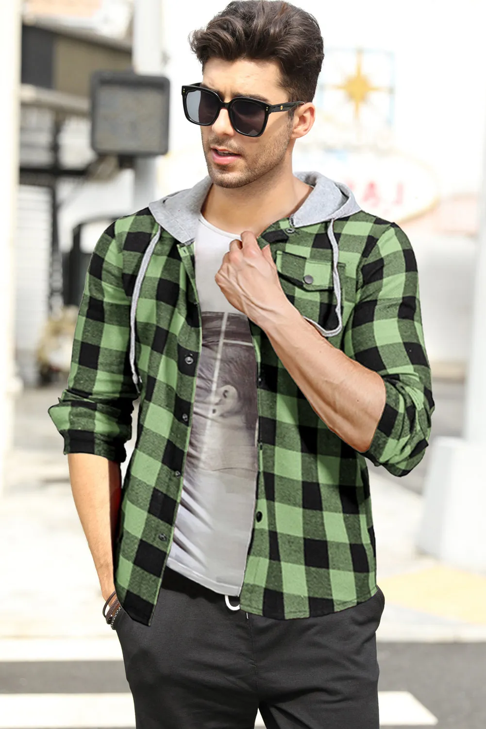 Mens Plaid Printed Drawstring Hooded Shacket