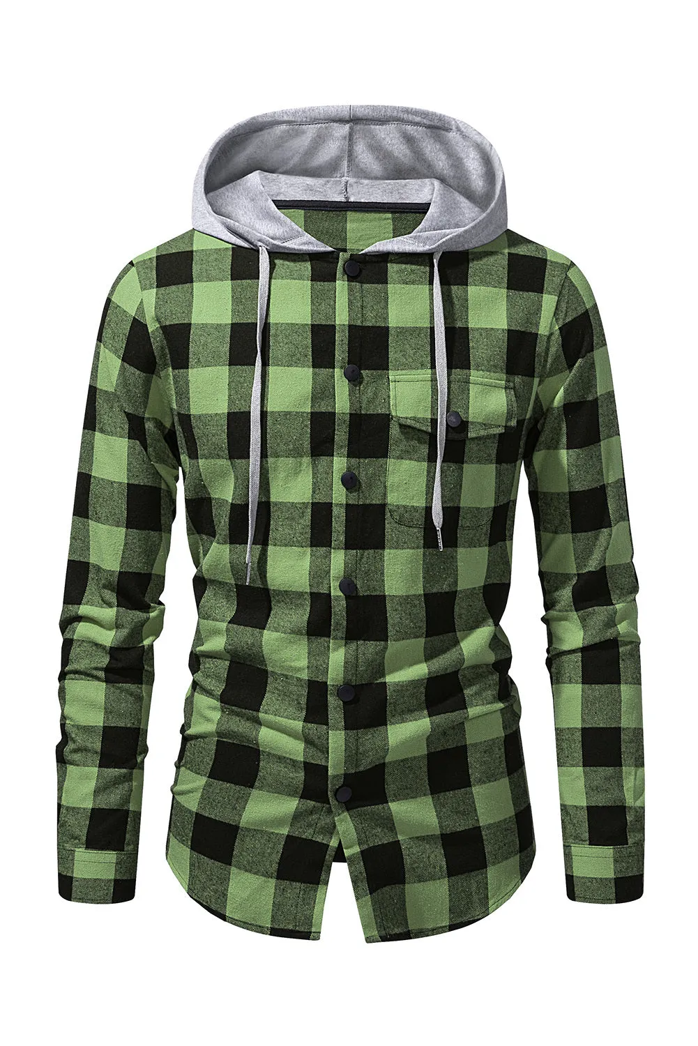 Mens Plaid Printed Drawstring Hooded Shacket